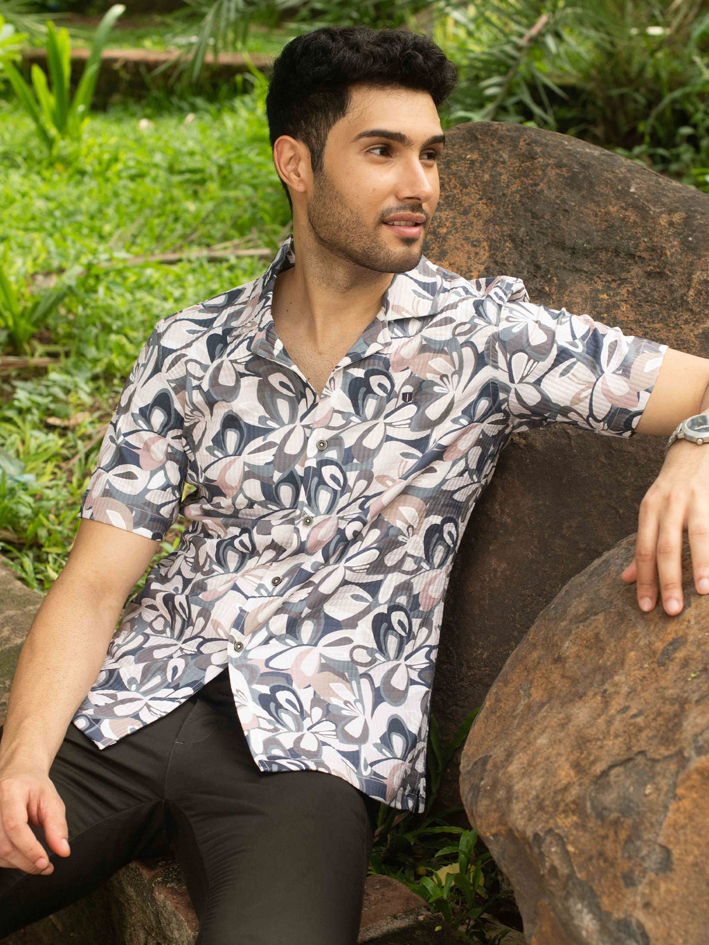 Cuban Collar Floral Printed Casual Shirt