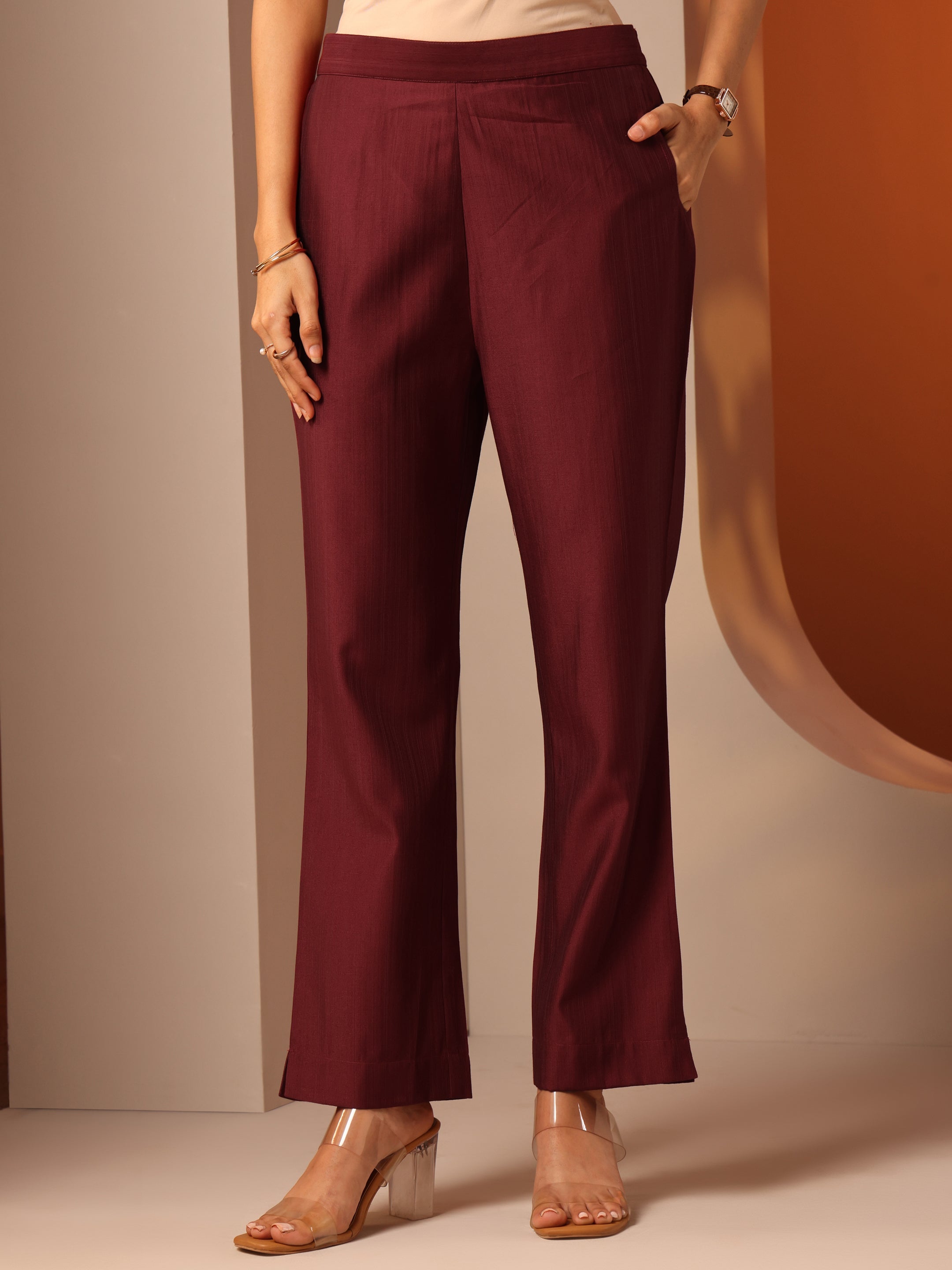 Maroon Solid Silk Blend Trouser
