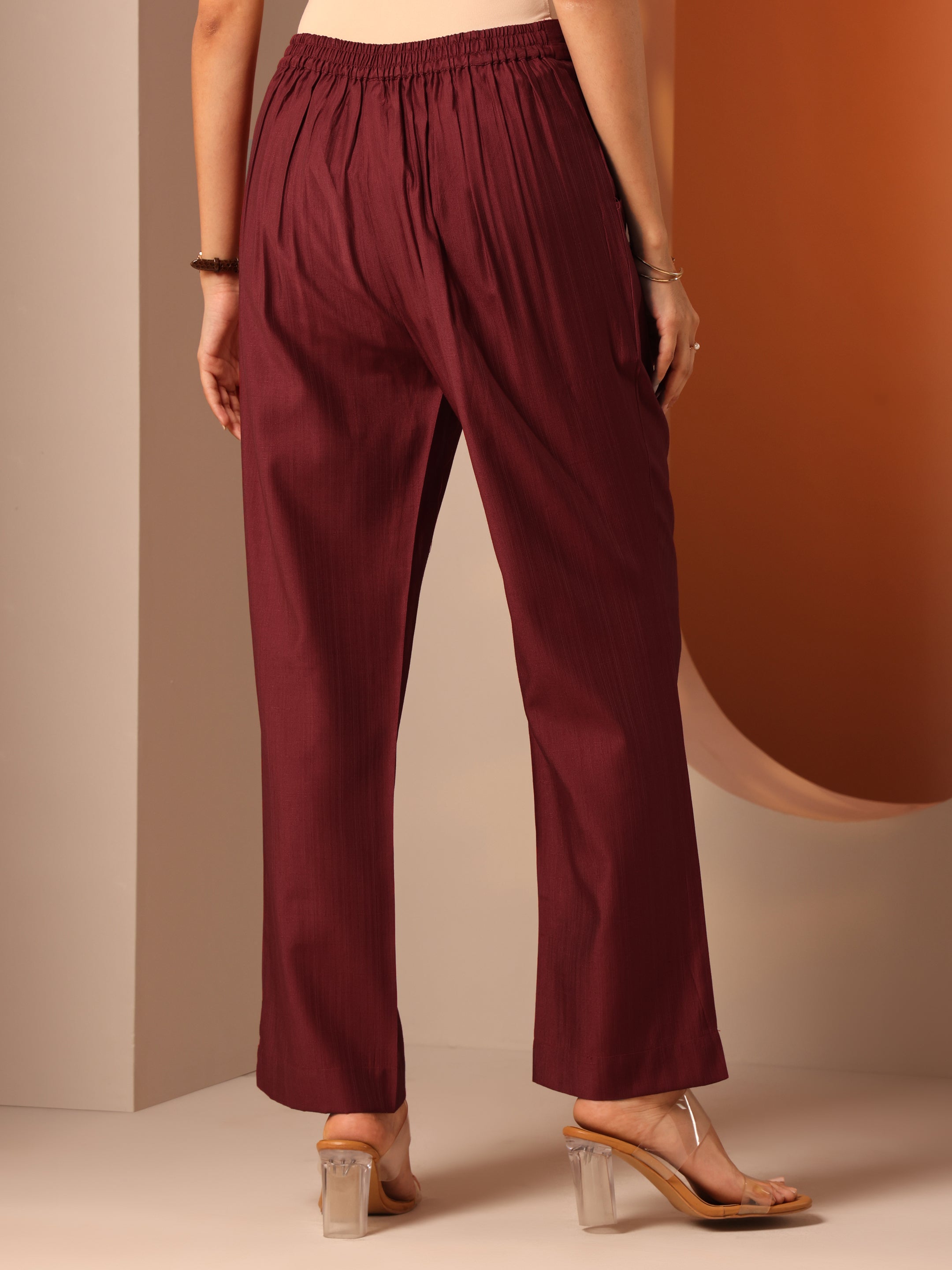 Maroon Solid Silk Blend Trouser