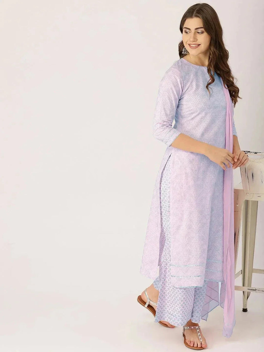 Pink Printed Viscose Rayon Straight Kurta With Palazzos & Dupatta