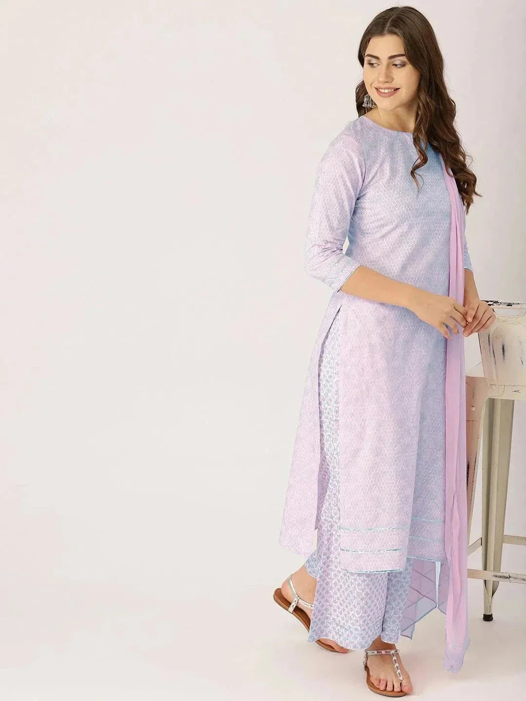 Pink Printed Viscose Rayon Straight Kurta With Palazzos & Dupatta