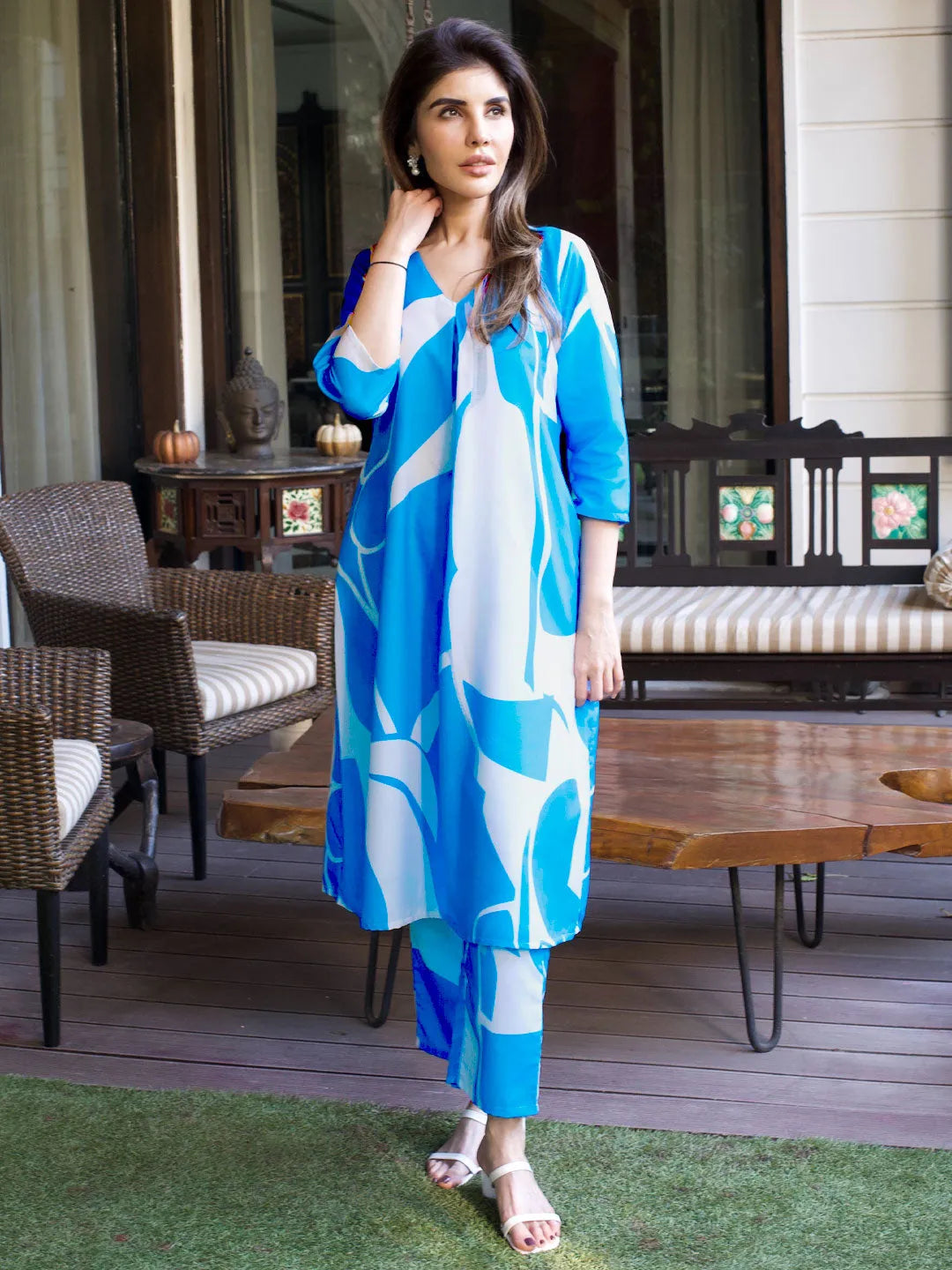 Blue Printed Rayon Straight Kurta Set