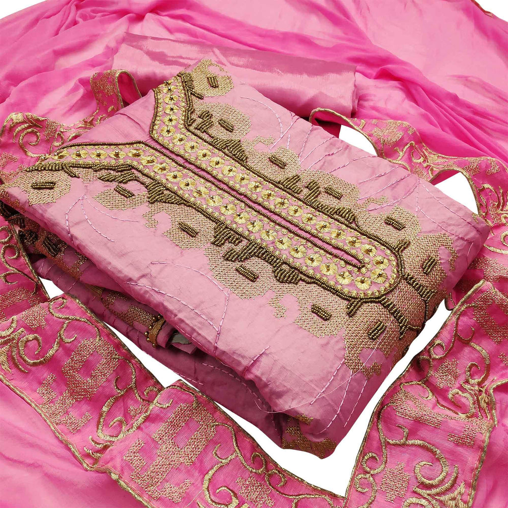 Adorning Light Pink Colored Casual Wear Embroidered Heavy Modal Silk Dress Material