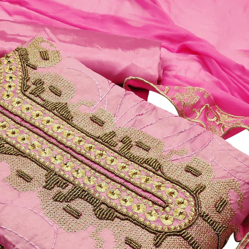 Adorning Light Pink Colored Casual Wear Embroidered Heavy Modal Silk Dress Material