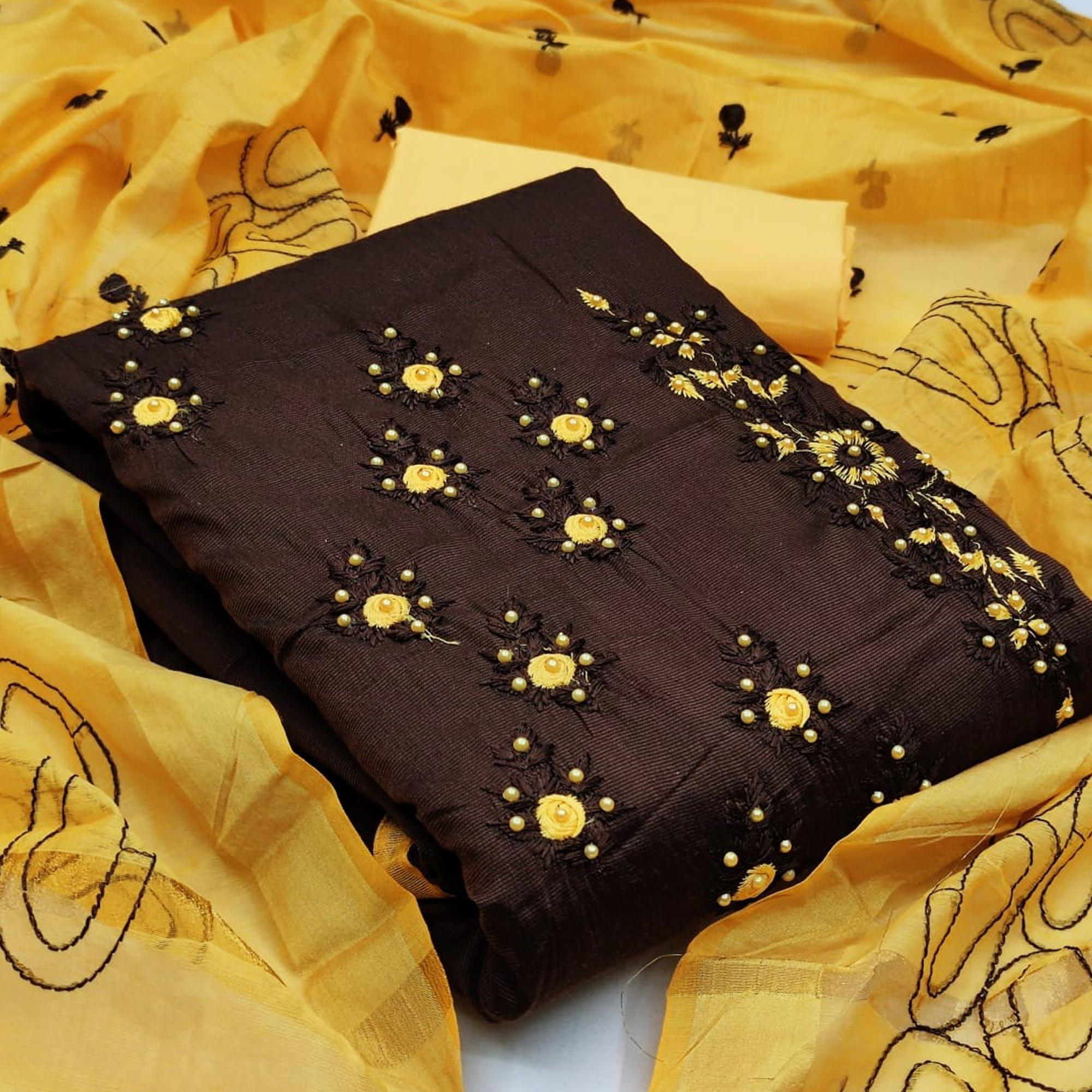 Amazing Coffee Colored Casual Wear Embroidered Cotton Dress Material