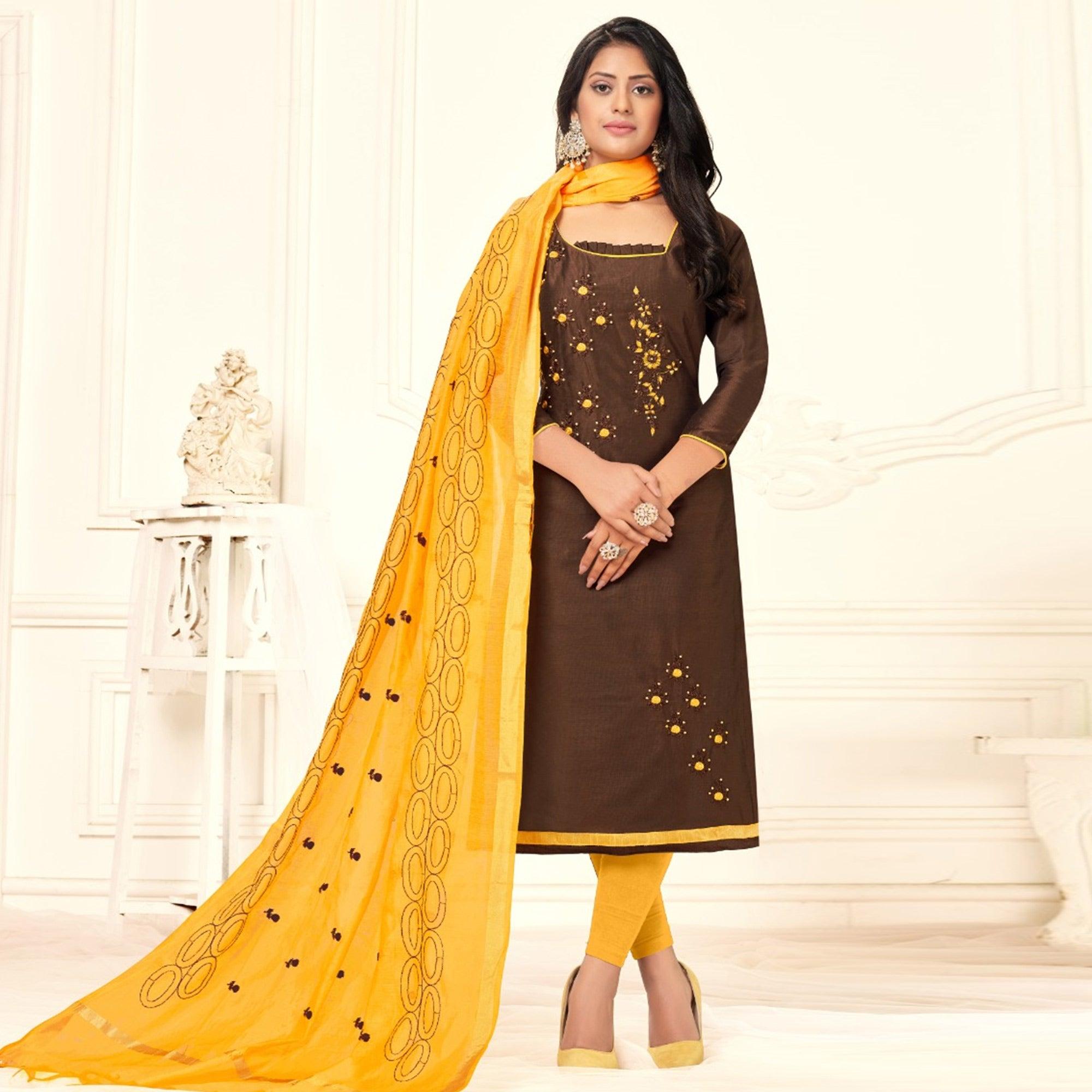 Amazing Coffee Colored Casual Wear Embroidered Cotton Dress Material