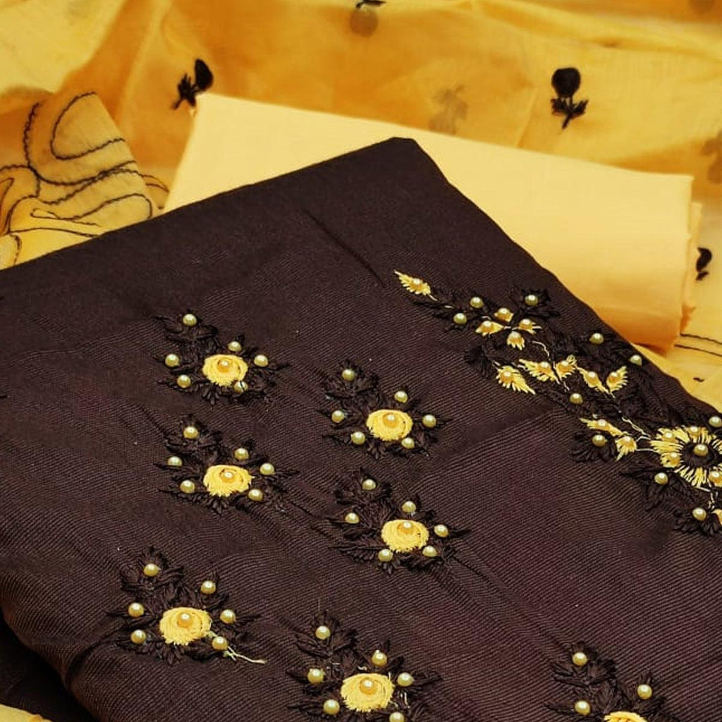 Amazing Coffee Colored Casual Wear Embroidered Cotton Dress Material