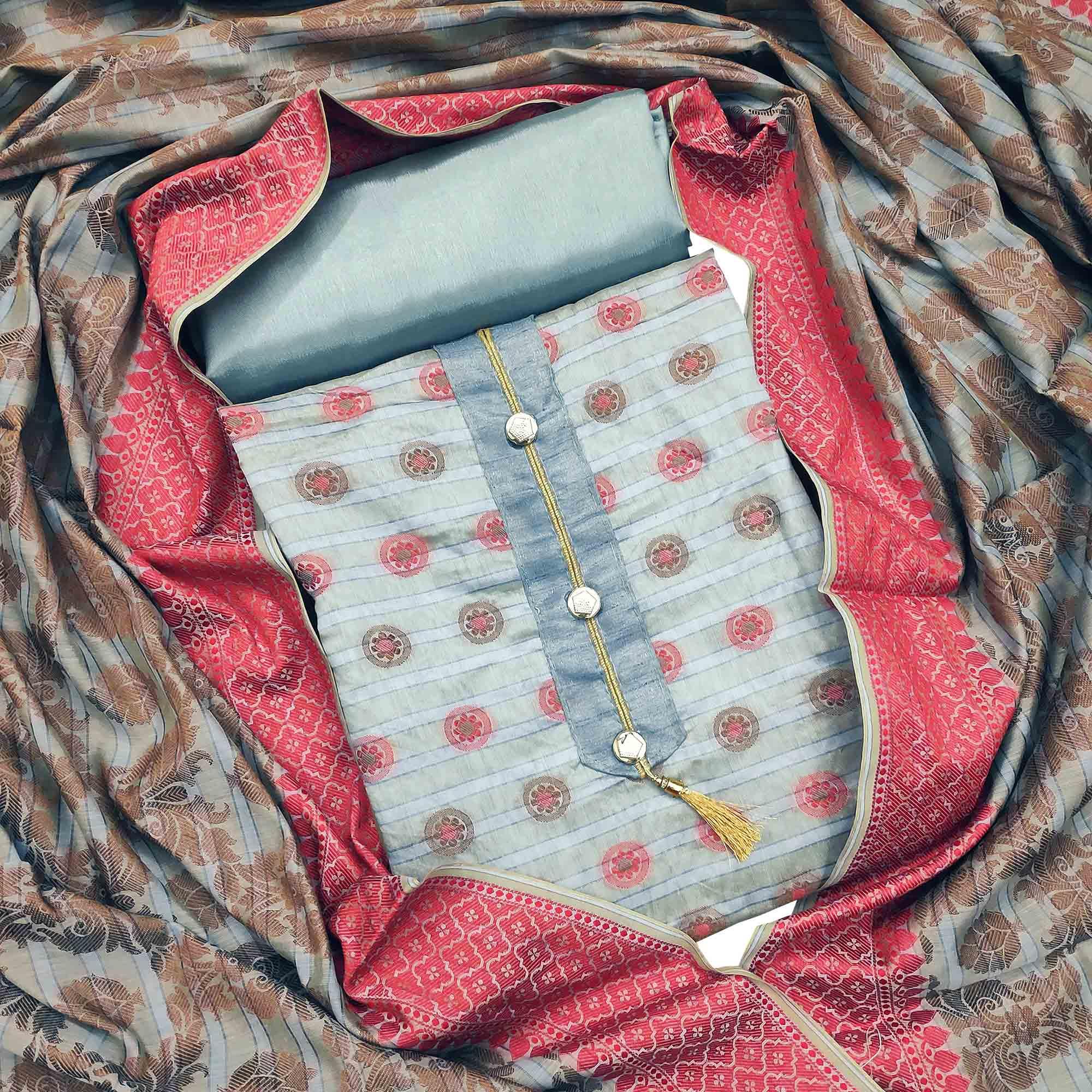 Amazing Grey Colored Festive Wear Woven Heavy Banarasi Silk Dress Material