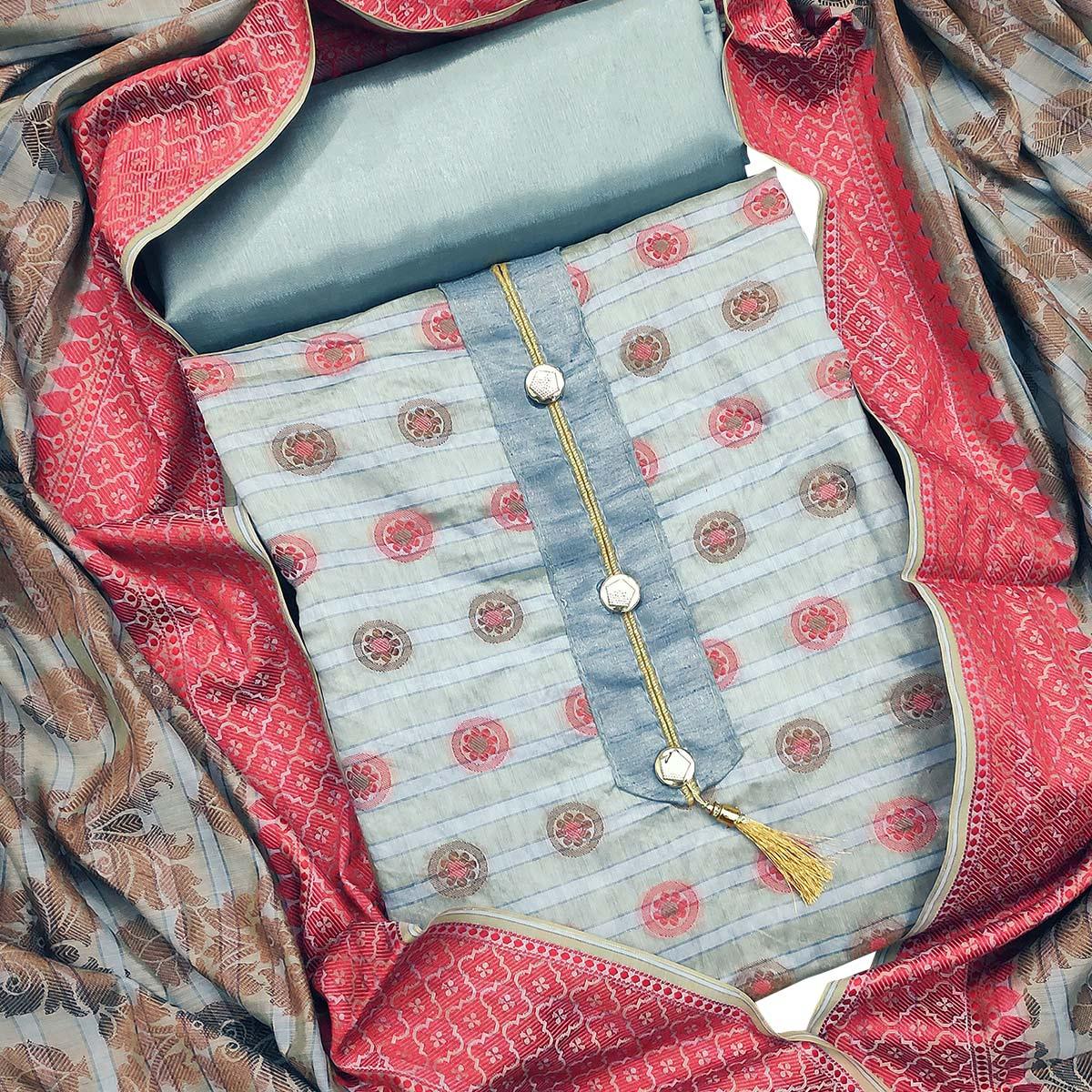 Amazing Grey Colored Festive Wear Woven Heavy Banarasi Silk Dress Material