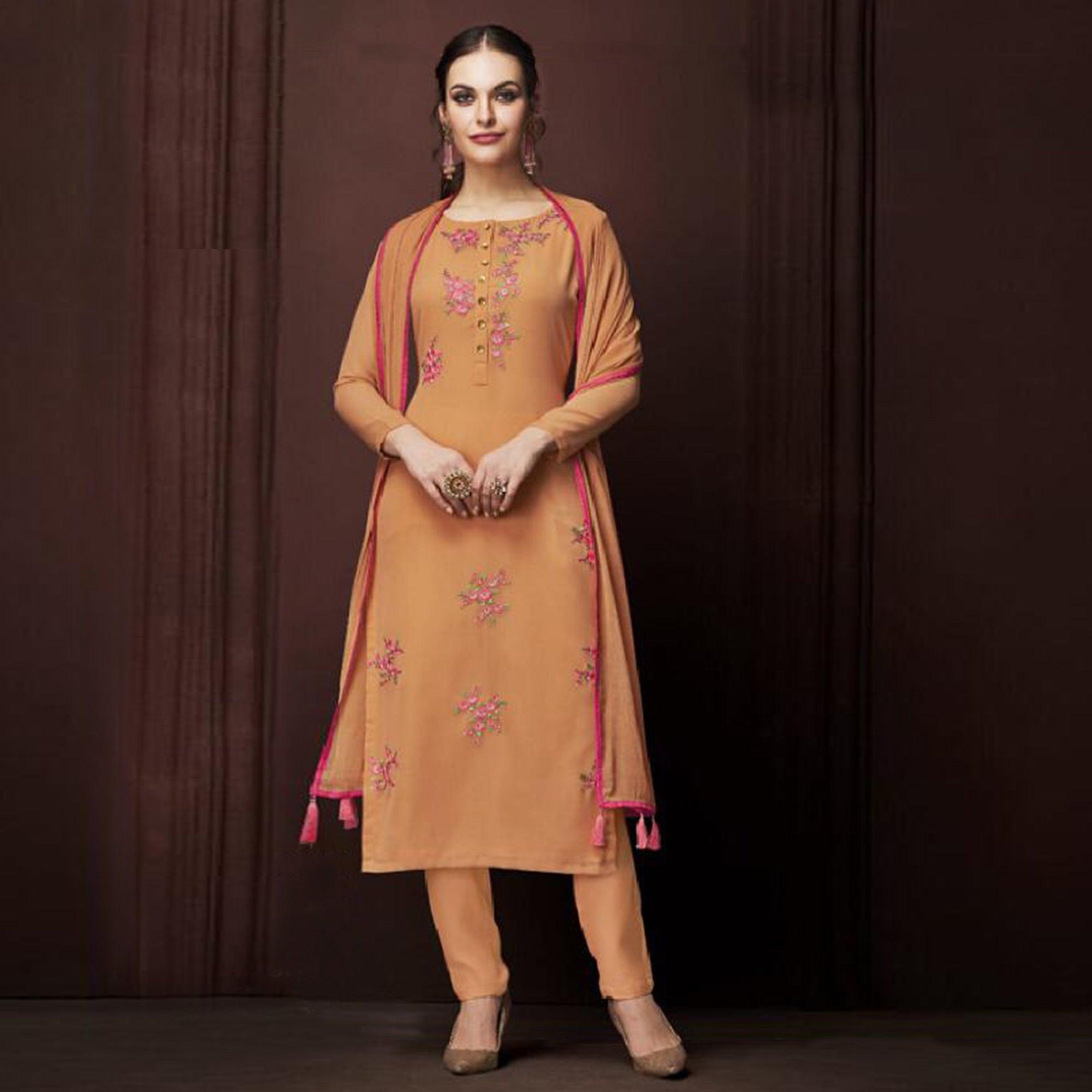 Appealing Orange Colored Partywear Embroidered Georgette Suit