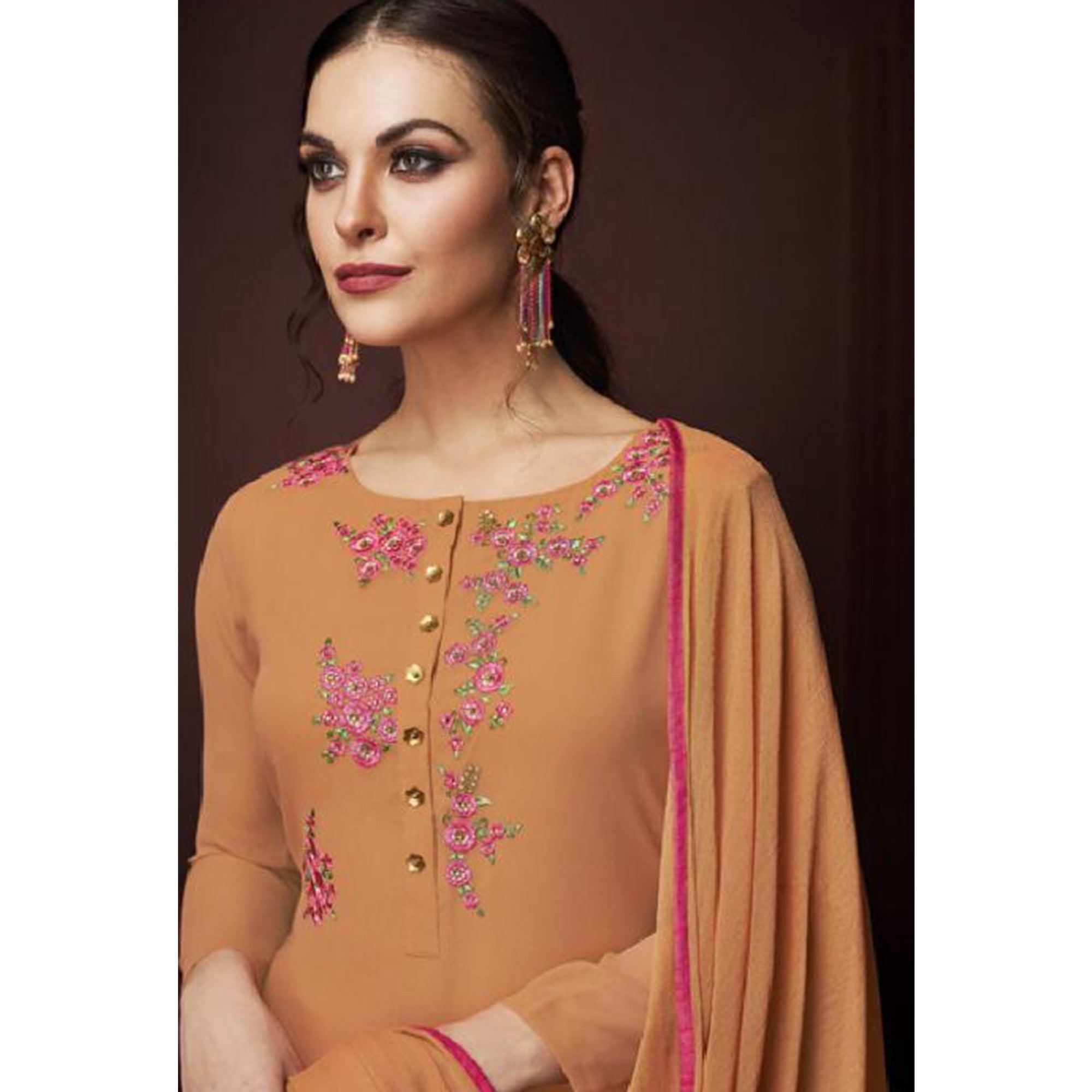 Appealing Orange Colored Partywear Embroidered Georgette Suit
