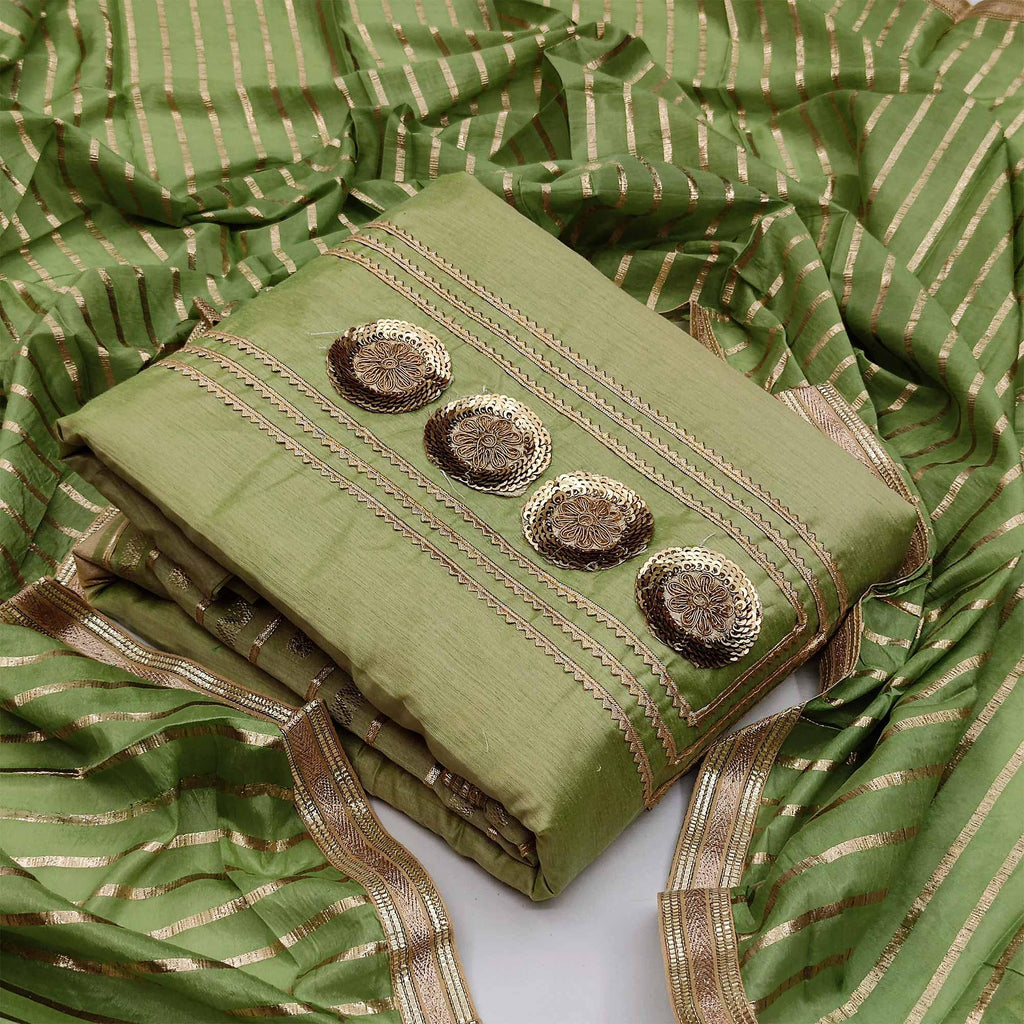 Arresting Green Colored Casual Embroidered Modal Chanderi Dress Material