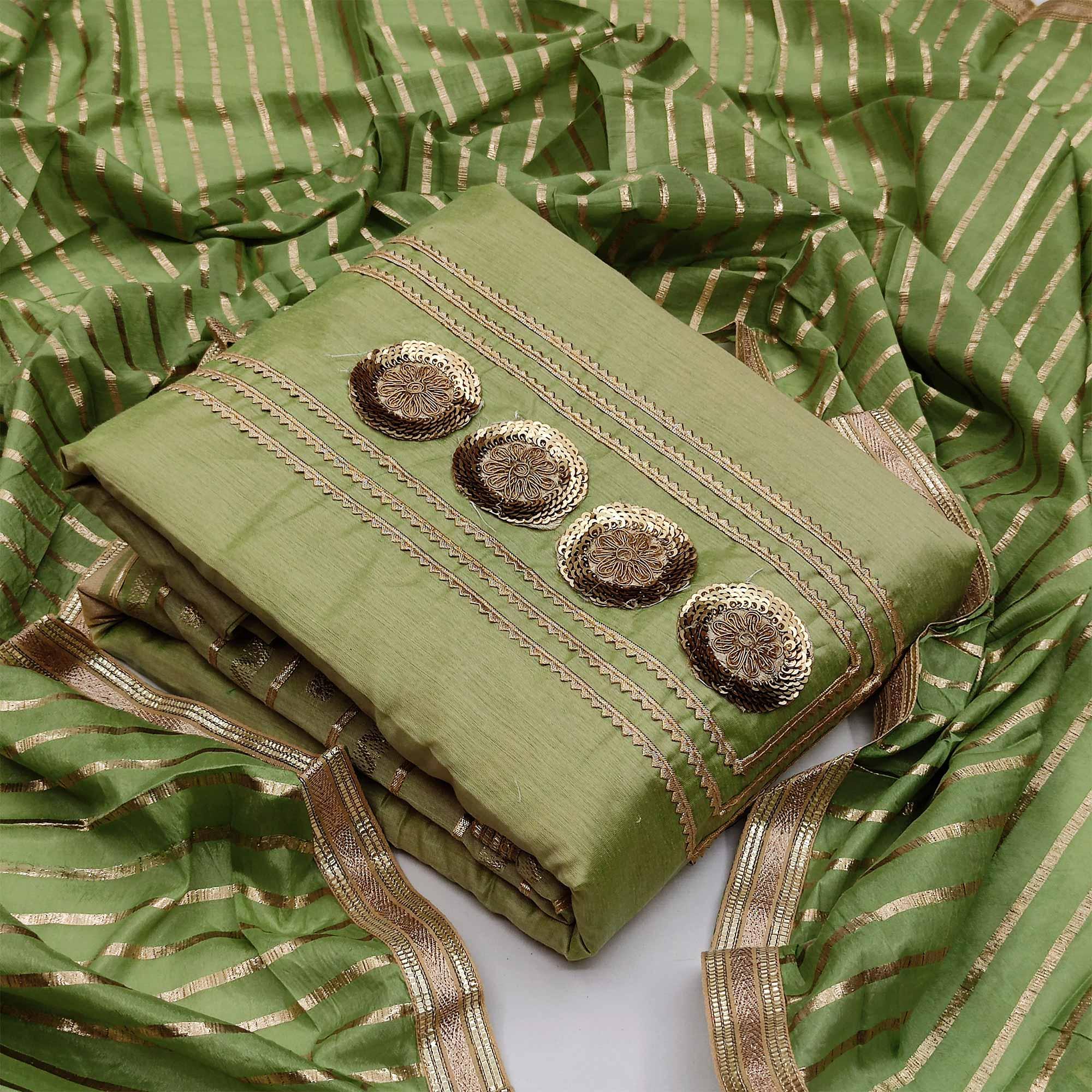 Arresting Green Colored Casual Embroidered Modal Chanderi Dress Material