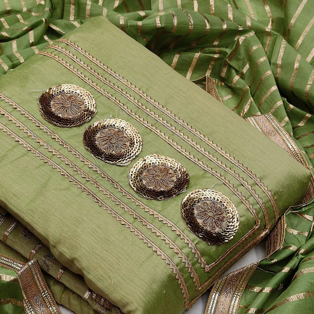 Arresting Green Colored Casual Embroidered Modal Chanderi Dress Material