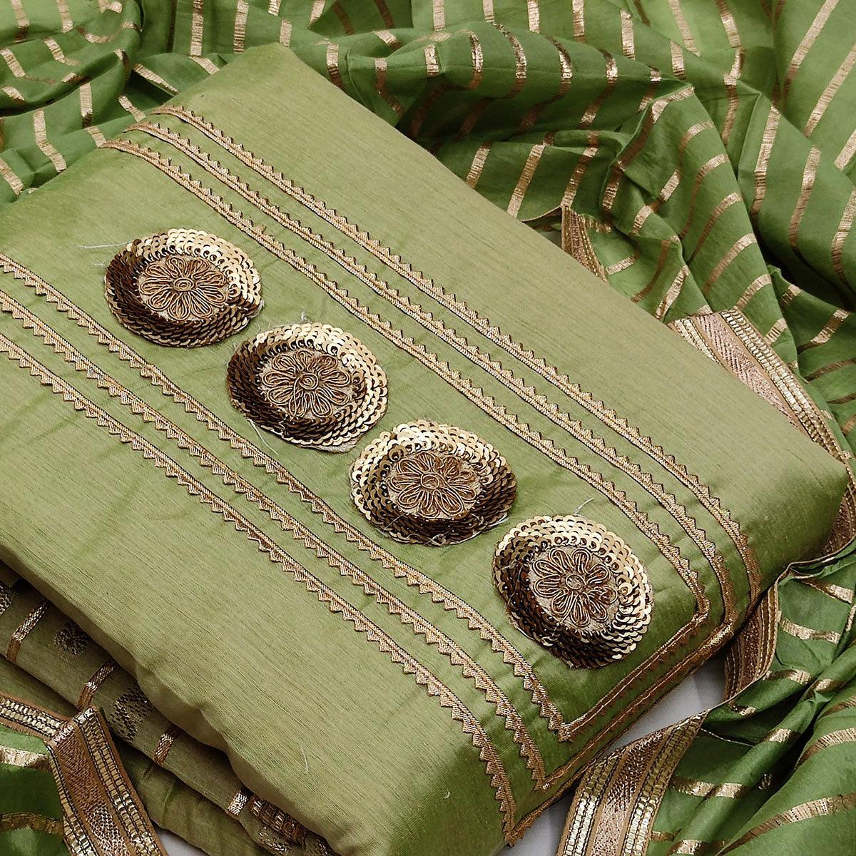 Arresting Green Colored Casual Embroidered Modal Chanderi Dress Material