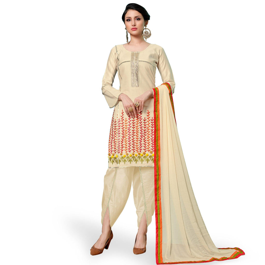 Attractive Cream Colored Partywear Embroidered Cotton Dress Material