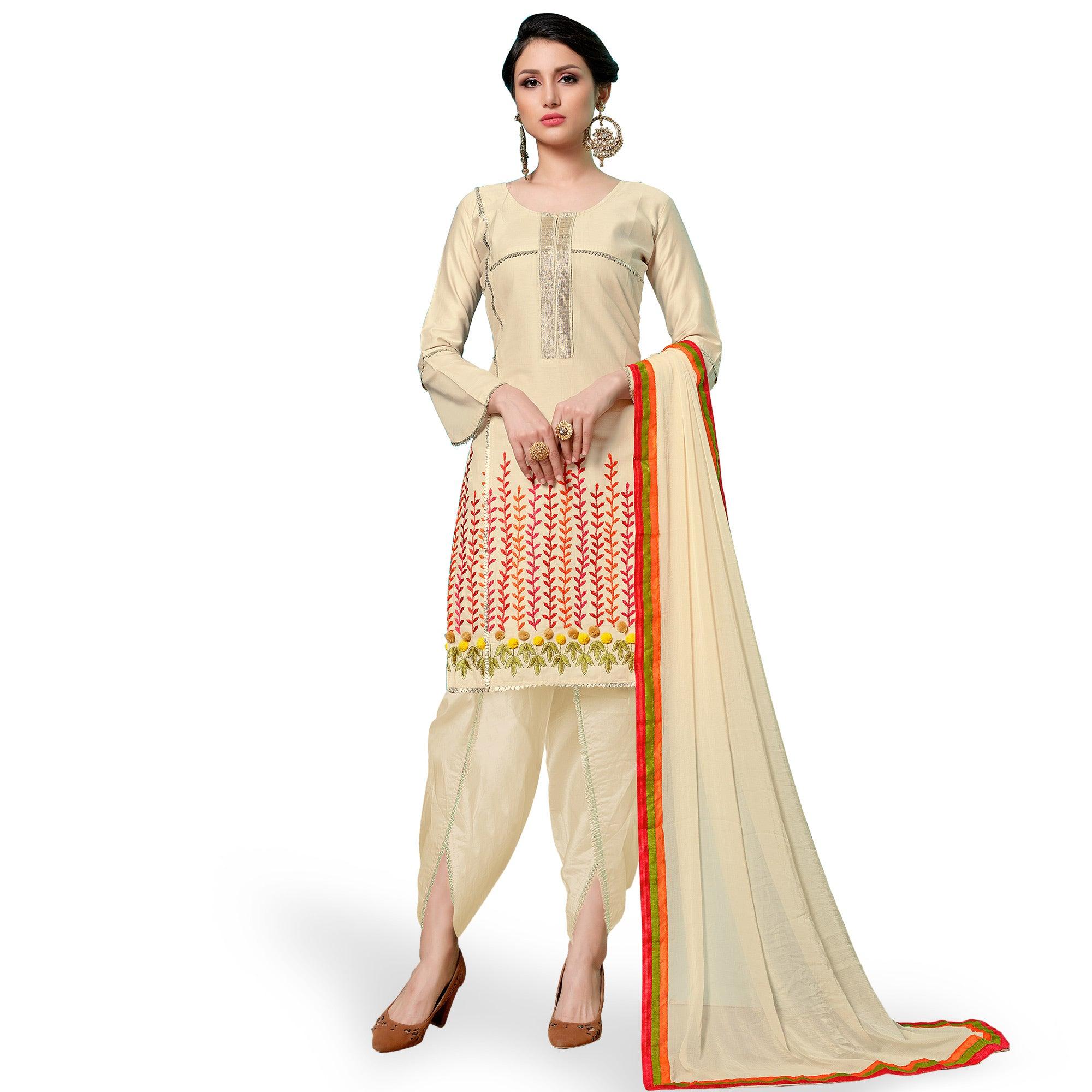 Attractive Cream Colored Partywear Embroidered Cotton Dress Material