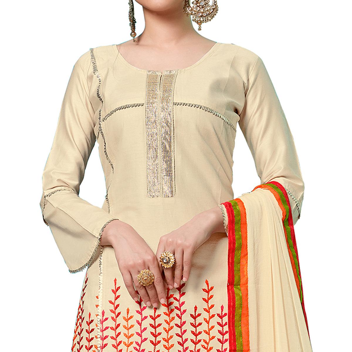 Attractive Cream Colored Partywear Embroidered Cotton Dress Material