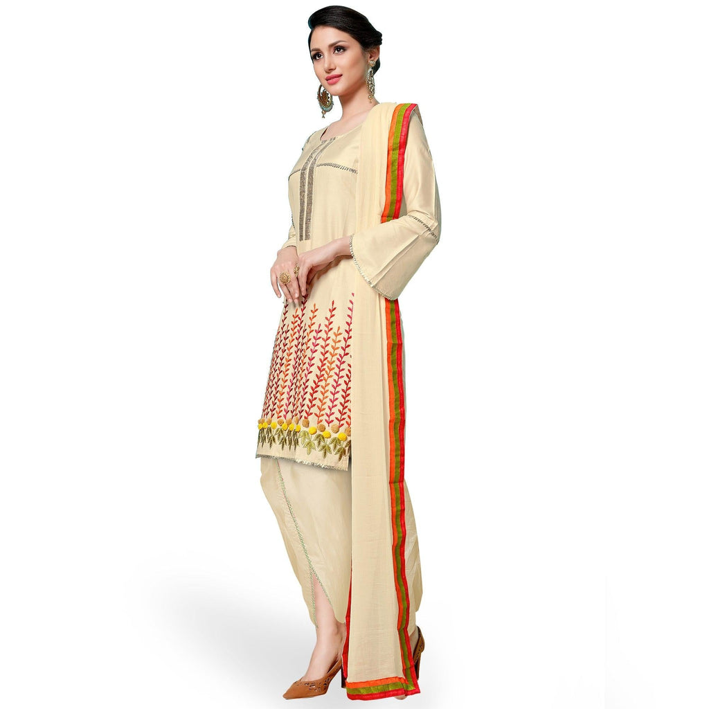 Attractive Cream Colored Partywear Embroidered Cotton Dress Material