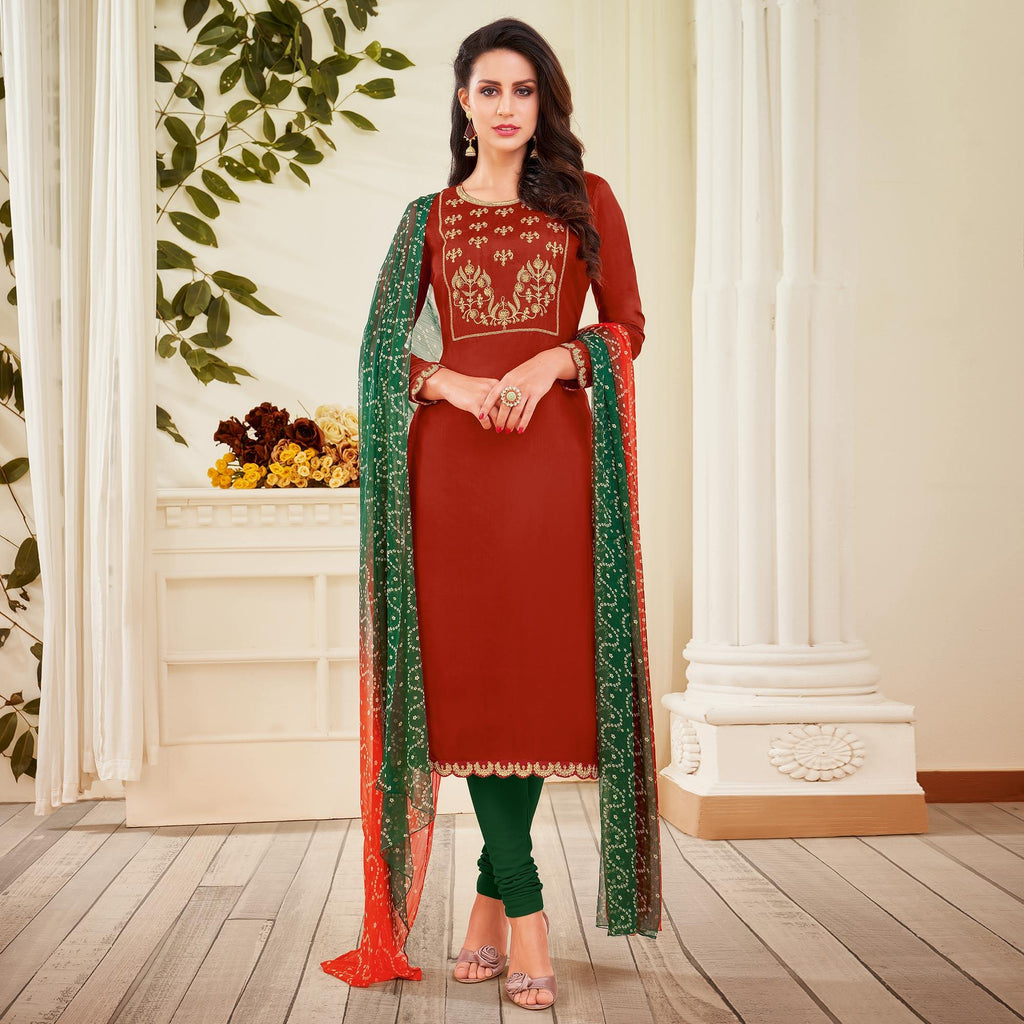 Attractive Maroon Colored Casual Wear Embroidered Chanderi Dress Material
