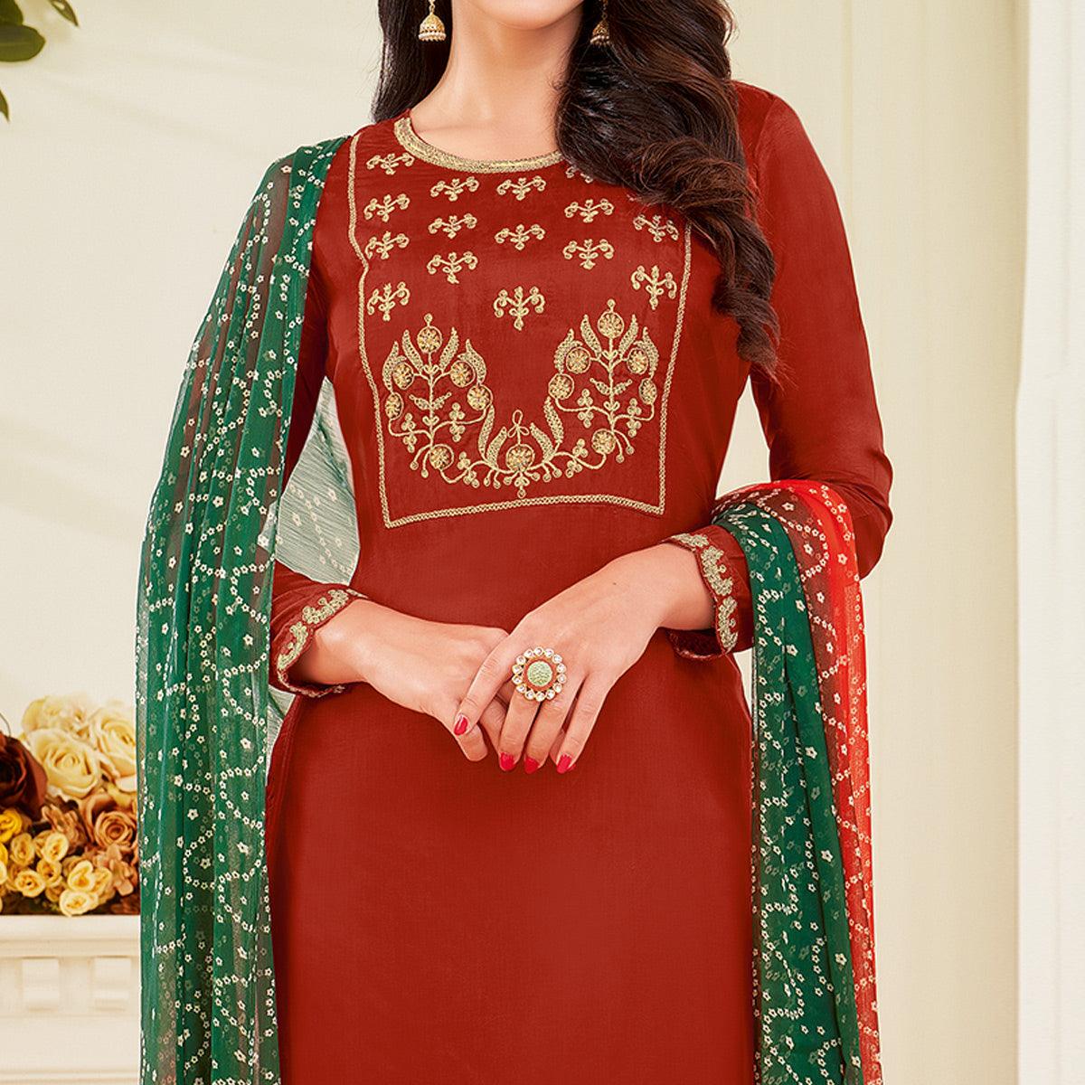 Attractive Maroon Colored Casual Wear Embroidered Chanderi Dress Material