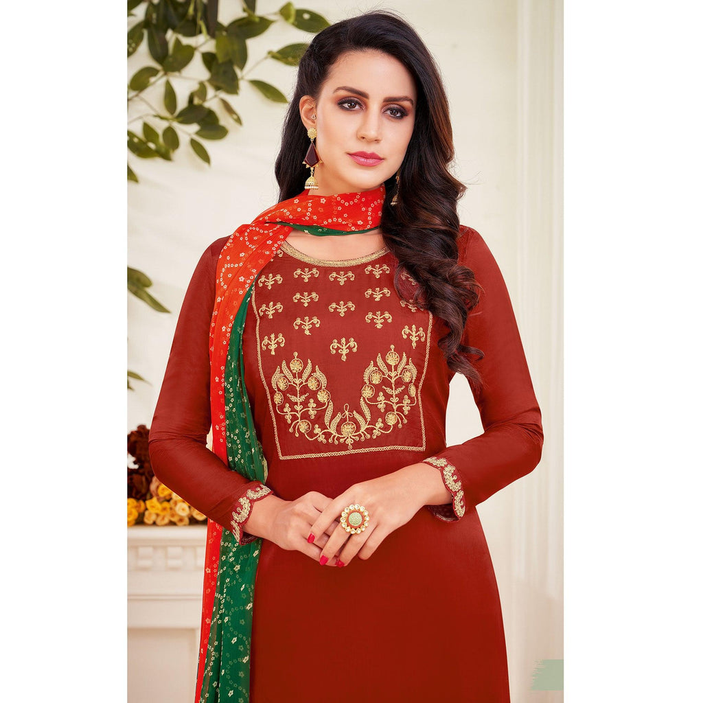 Attractive Maroon Colored Casual Wear Embroidered Chanderi Dress Material
