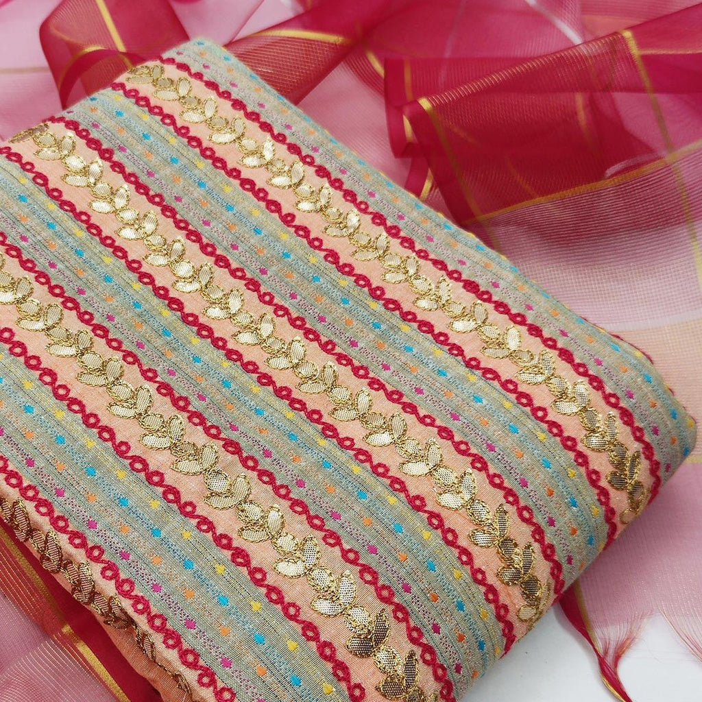 Attractive Peach Colored Casual Embroidered Cotton Dress Material