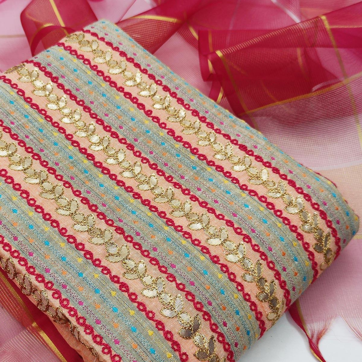 Attractive Peach Colored Casual Embroidered Cotton Dress Material