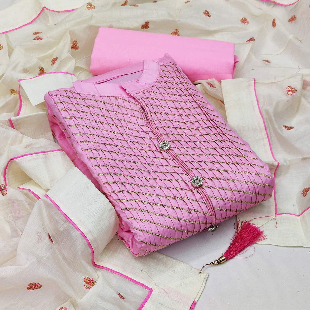 Baby Pink Festive Wear Embroidered Cotton Dress Material