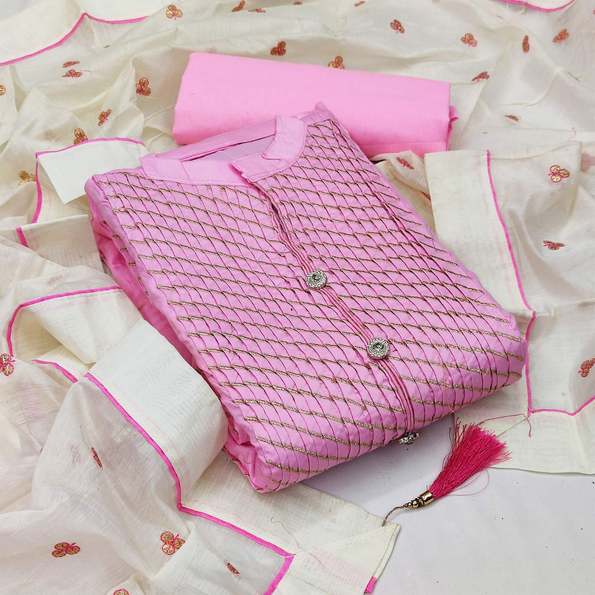 Baby Pink Festive Wear Embroidered Cotton Dress Material