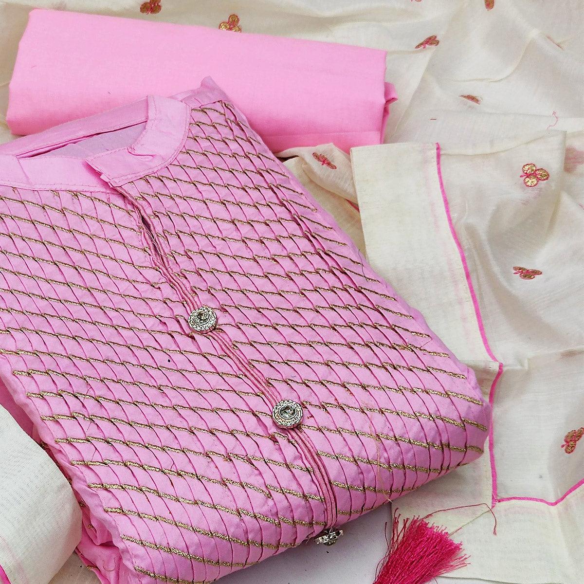 Baby Pink Festive Wear Embroidered Cotton Dress Material