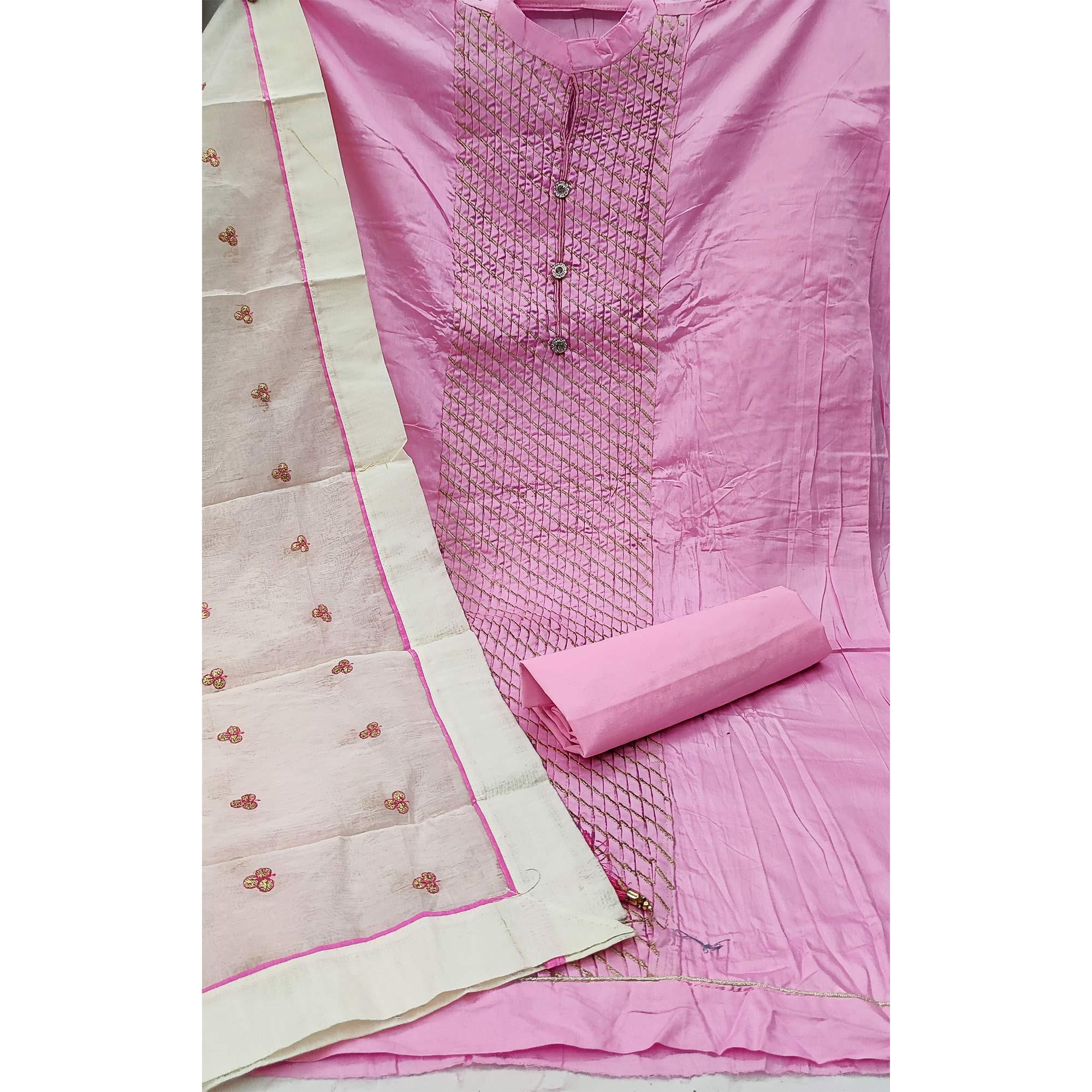 Baby Pink Festive Wear Embroidered Cotton Dress Material