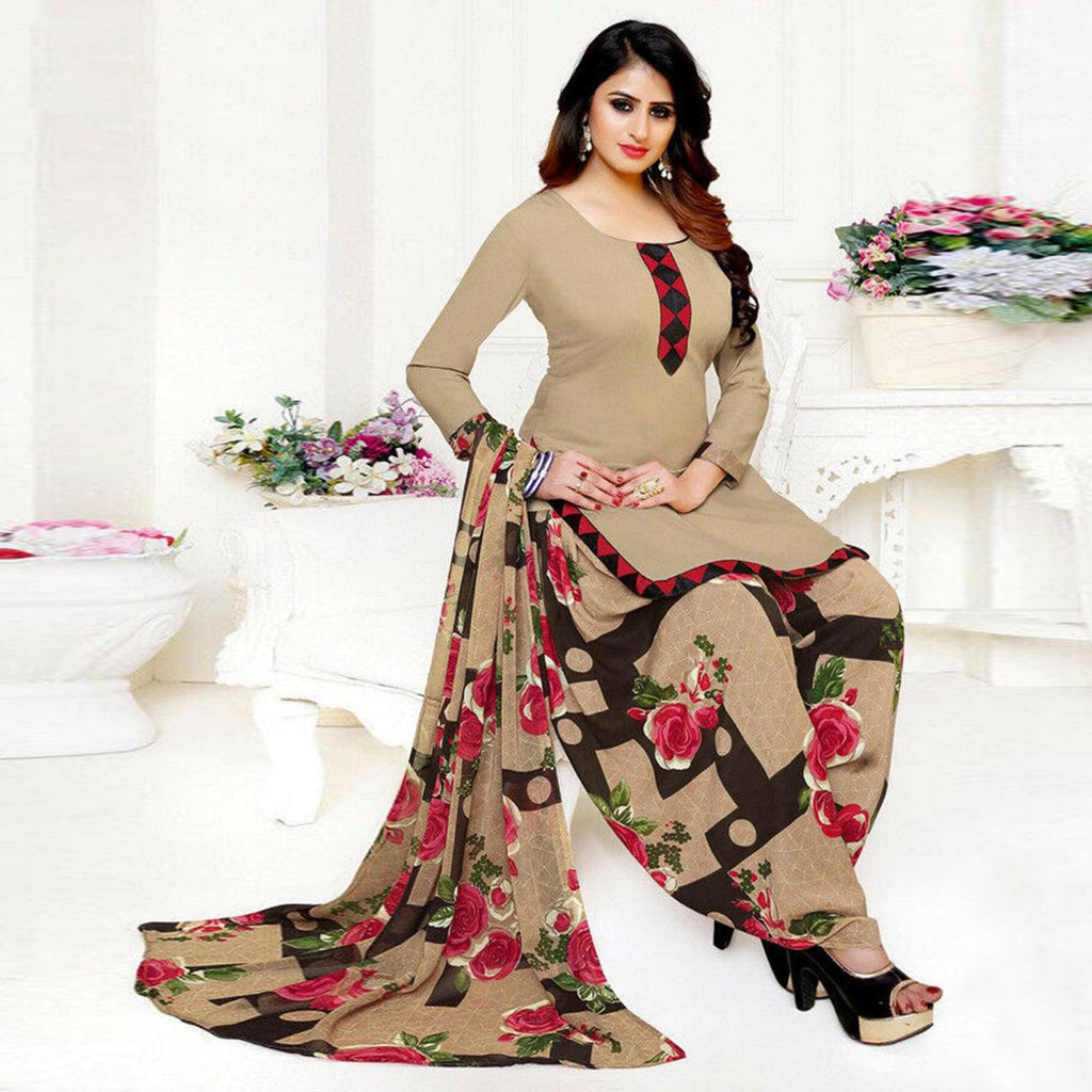 Beige Casual Wear Crepe Patiala Dress Material