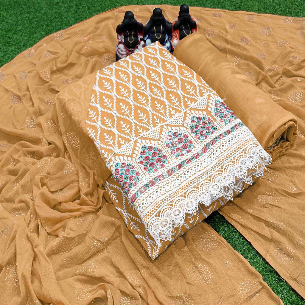 Beige Embroidered Chanderi Dress Material