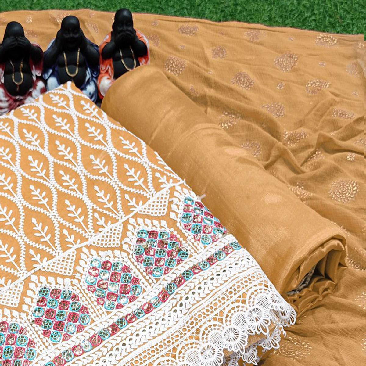 Beige Embroidered Chanderi Dress Material