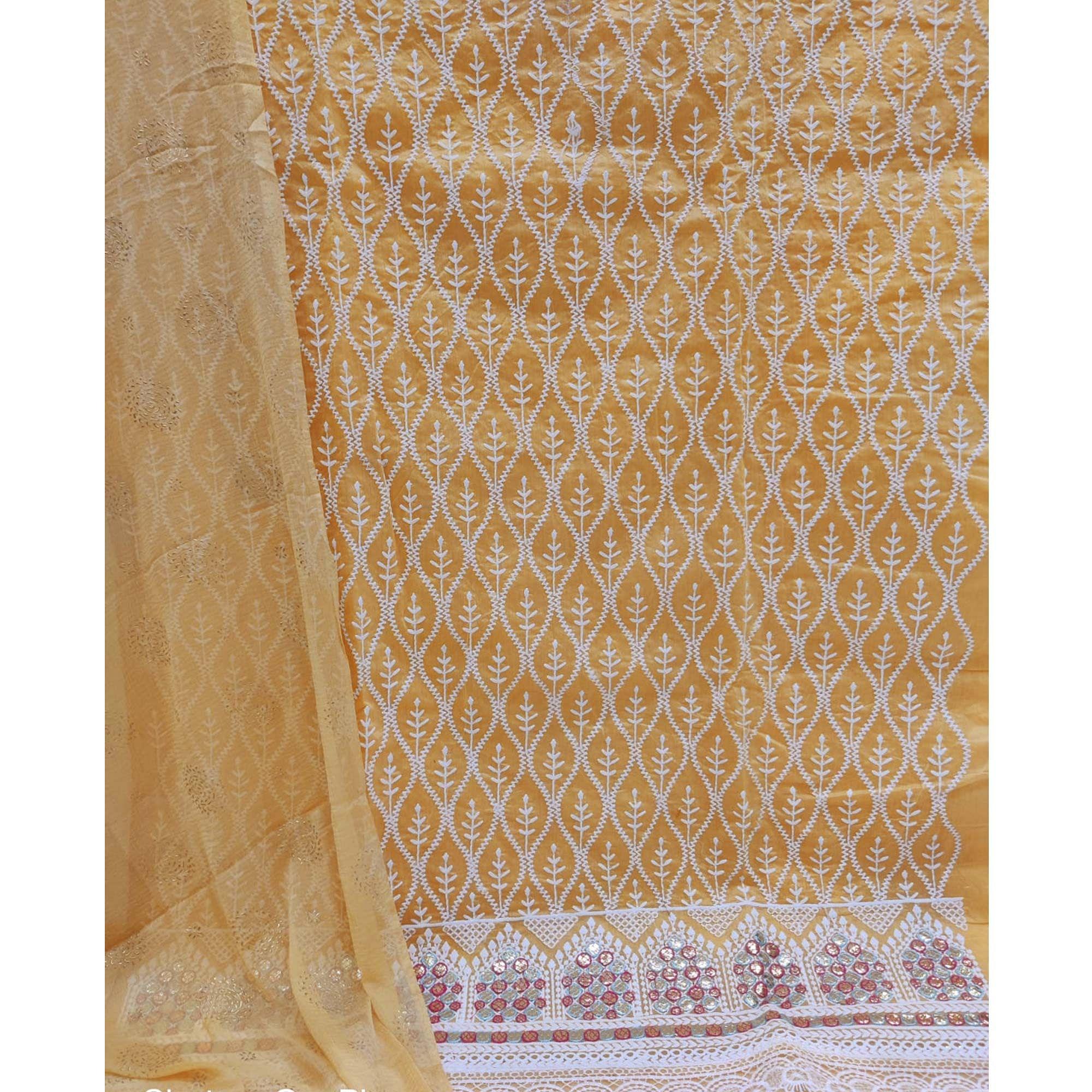 Beige Embroidered Chanderi Dress Material