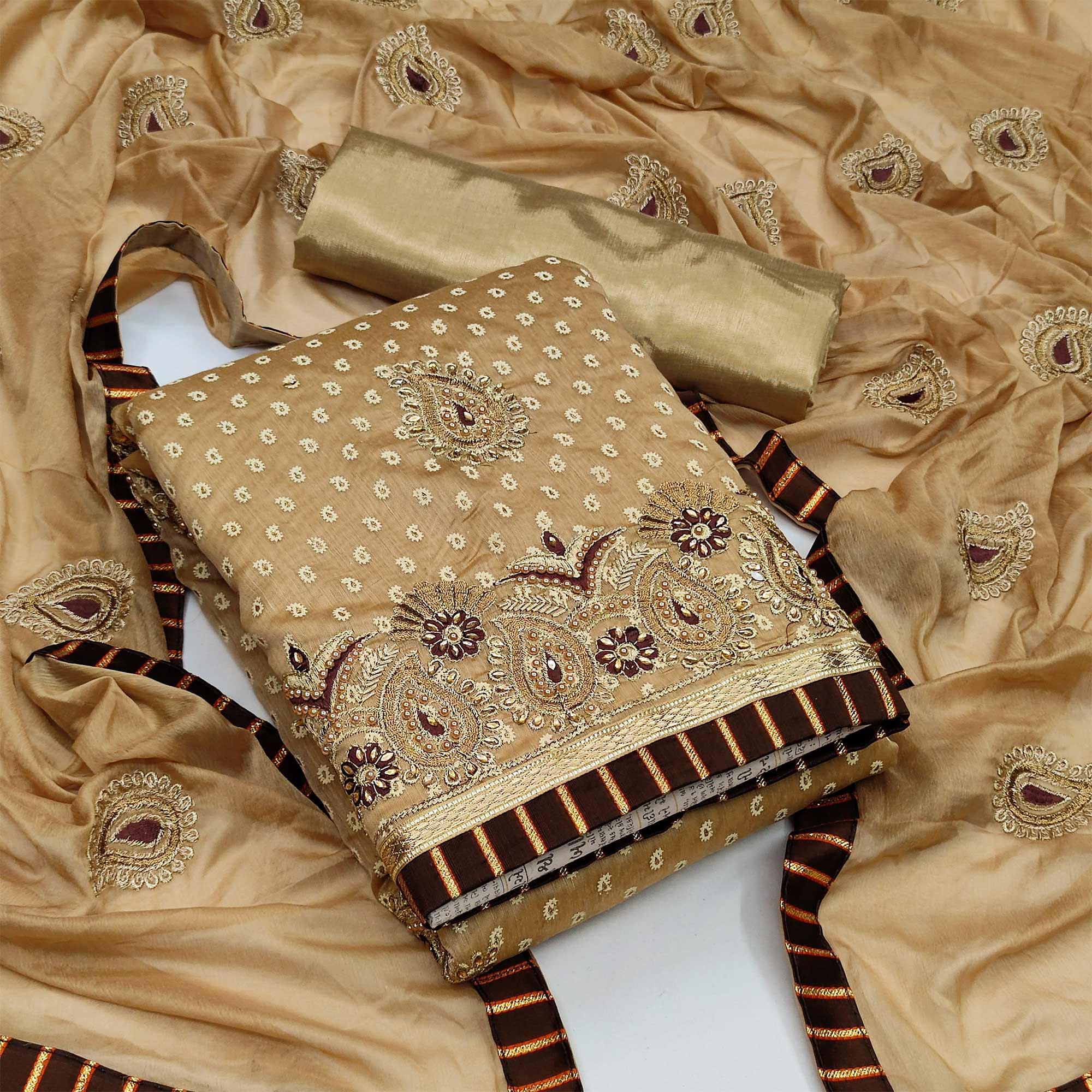 Beige Embroidered Fancy Fabric Dress Material