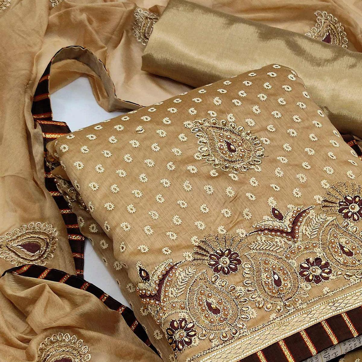 Beige Embroidered Fancy Fabric Dress Material