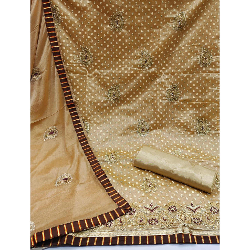 Beige Embroidered Fancy Fabric Dress Material