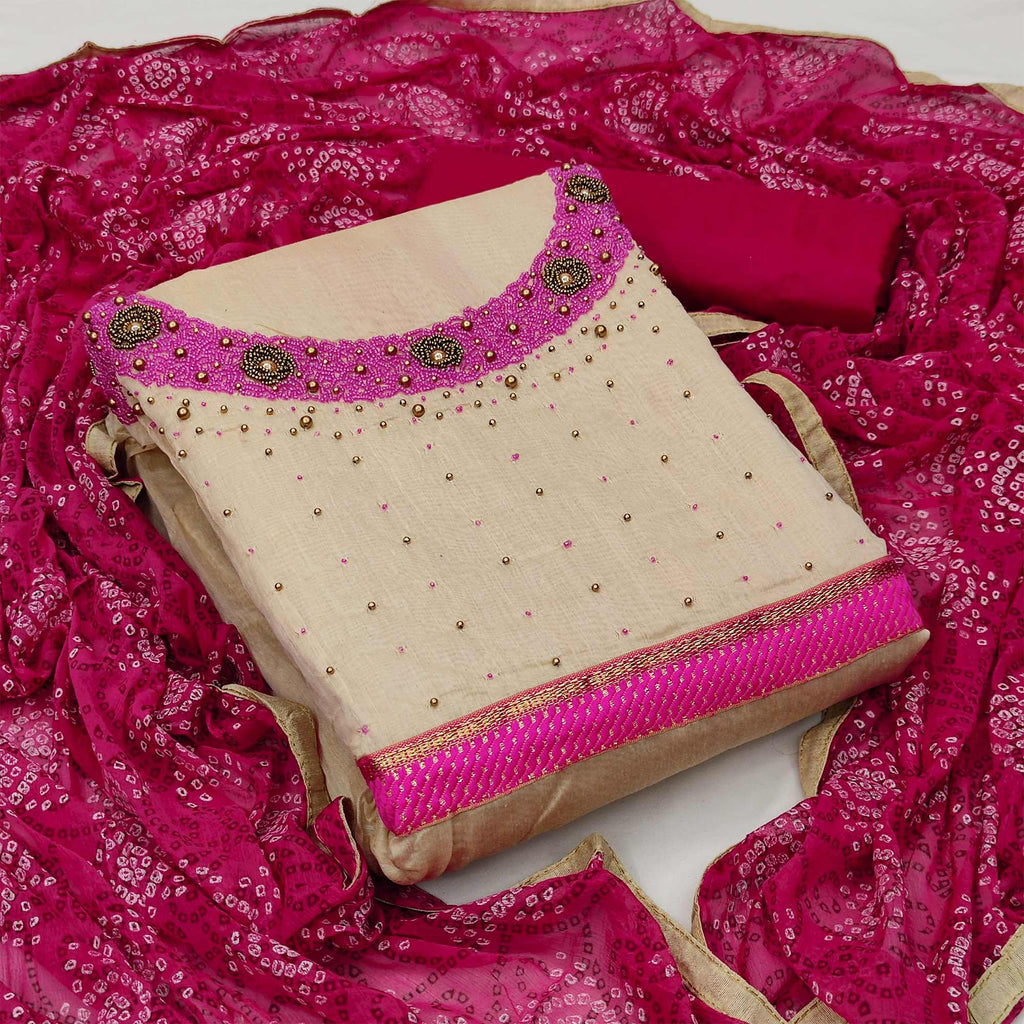 Beige Festive Wear Embroidered Cotton Dress Material