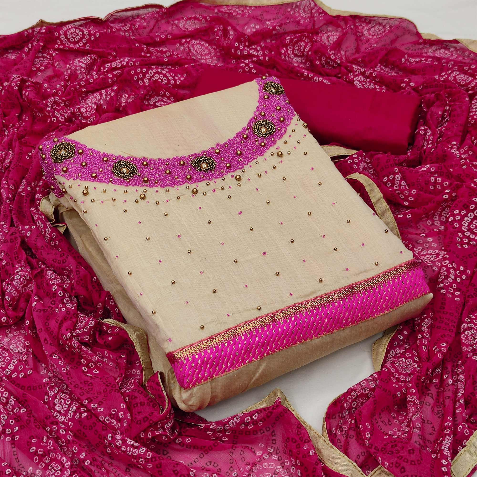 Beige Festive Wear Embroidered Cotton Dress Material