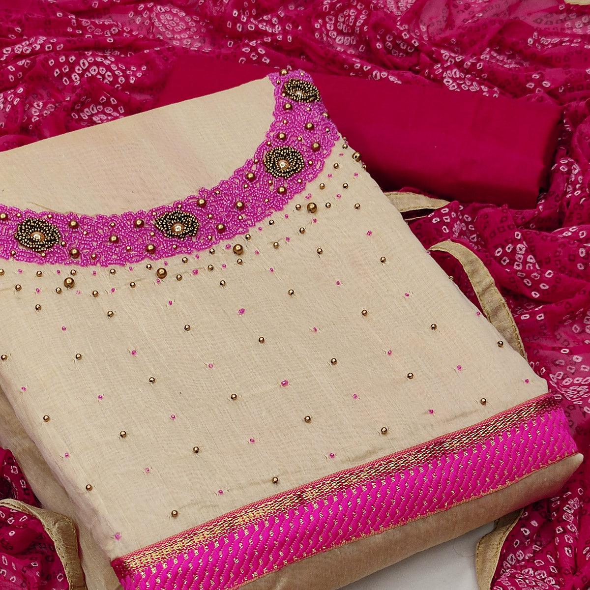 Beige Festive Wear Embroidered Cotton Dress Material