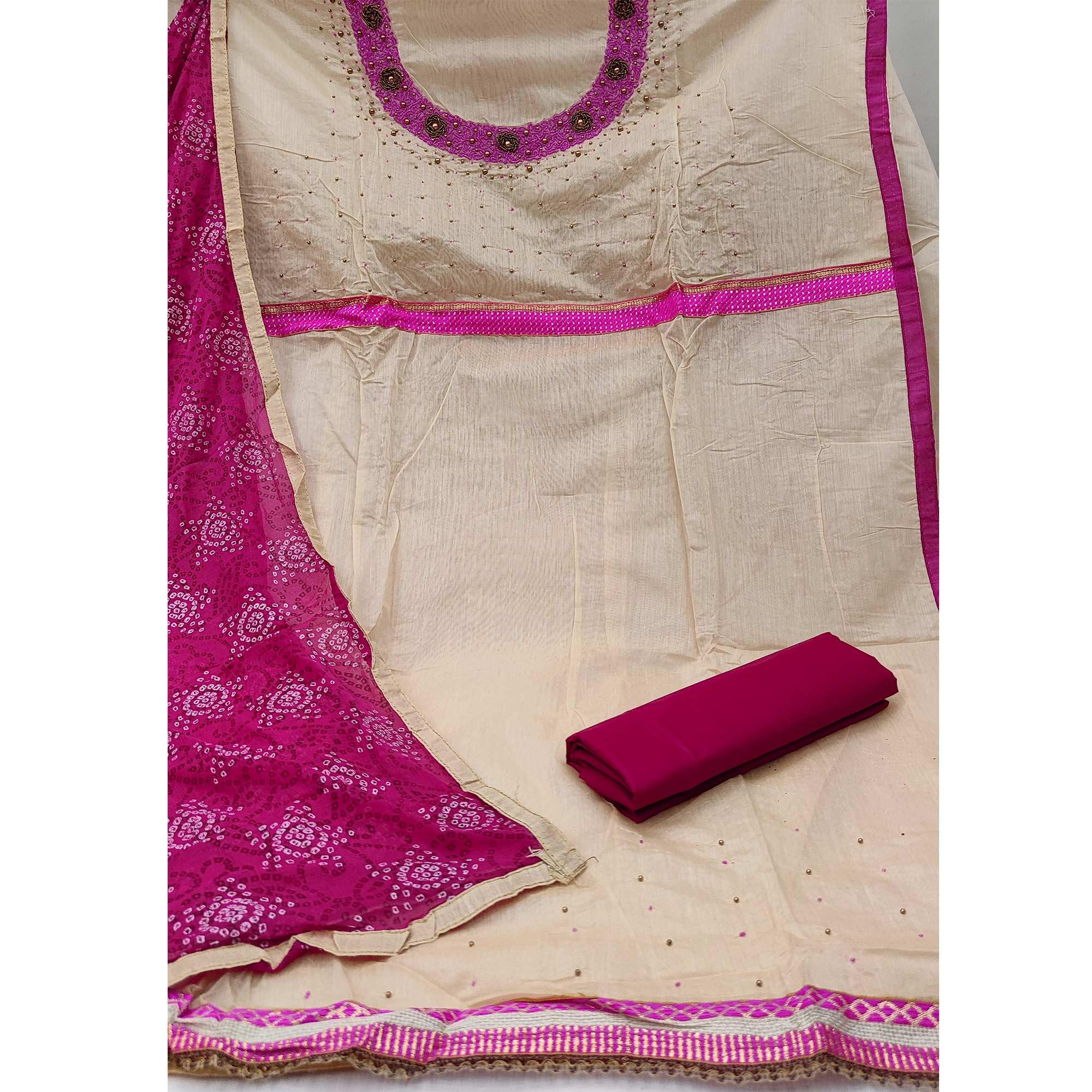 Beige Festive Wear Embroidered Cotton Dress Material