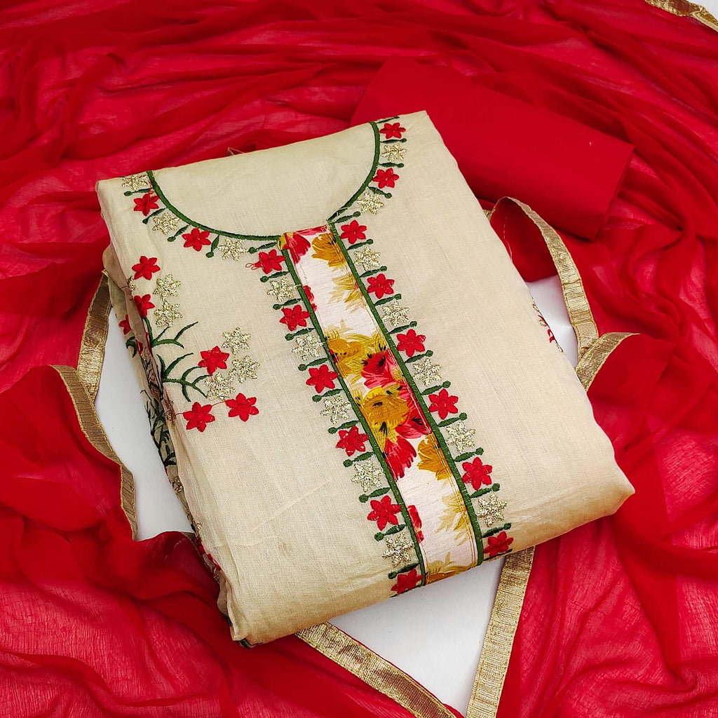 Beige Festive Wear Floral Embroidered Modal Dress Material