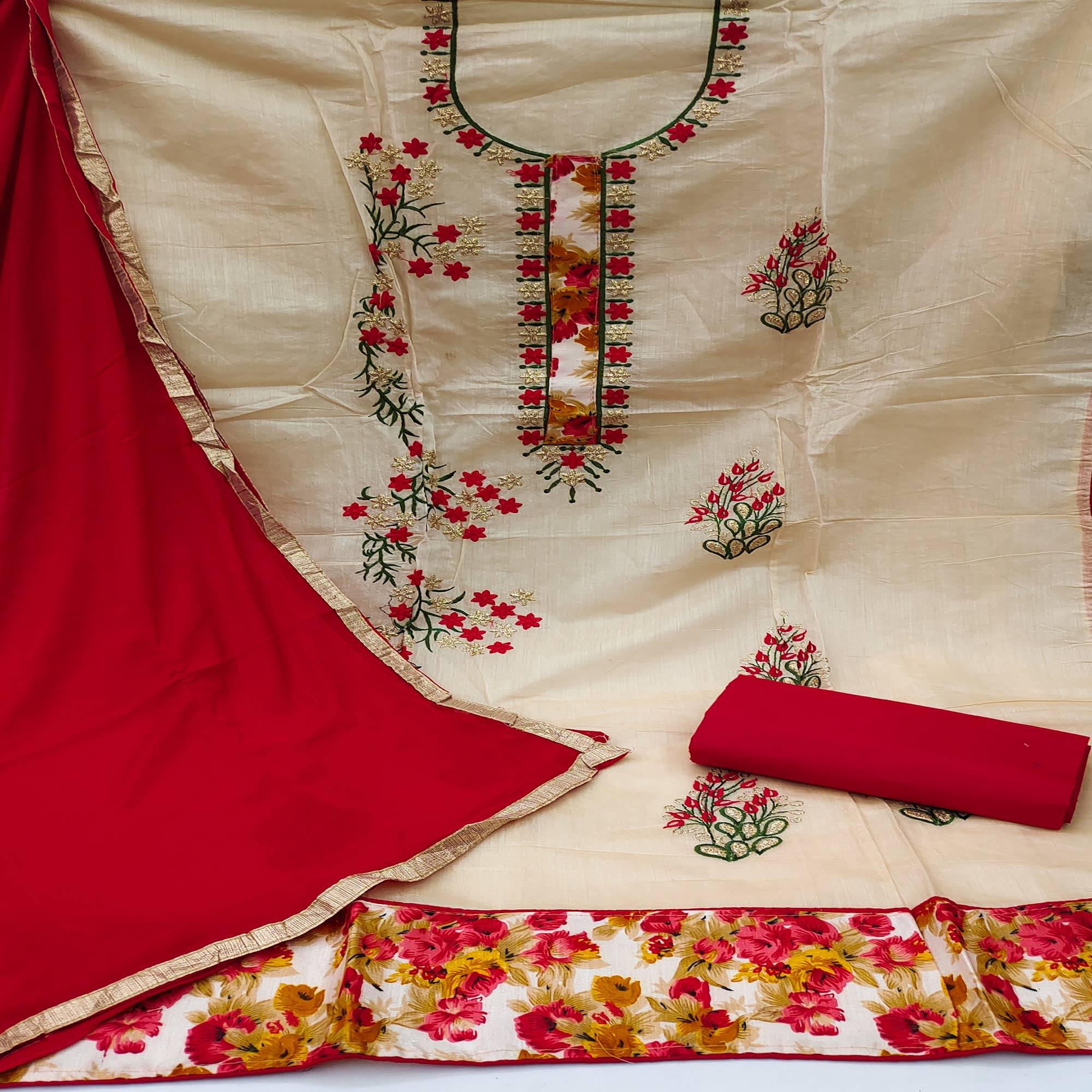 Beige Festive Wear Floral Embroidered Modal Dress Material