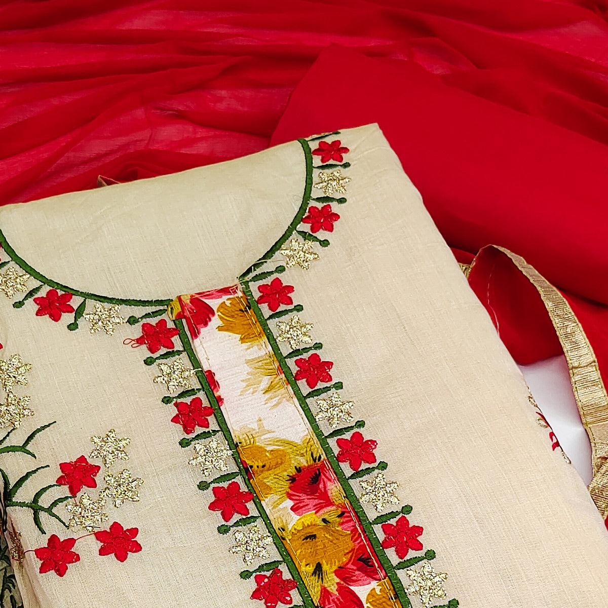 Beige Festive Wear Floral Embroidered Modal Dress Material