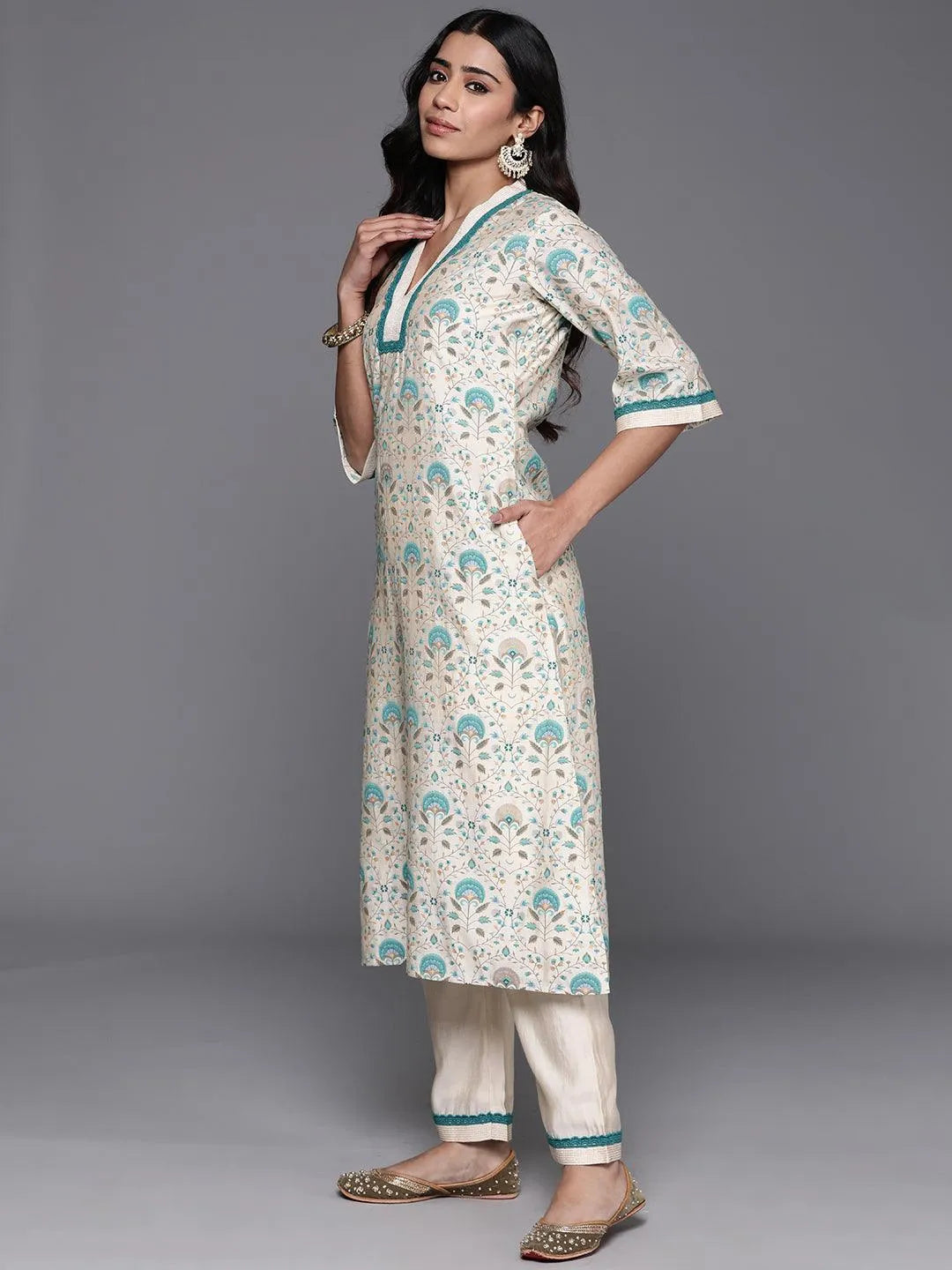 Beige Printed Chanderi Silk A-Line Kurta With Palazzos