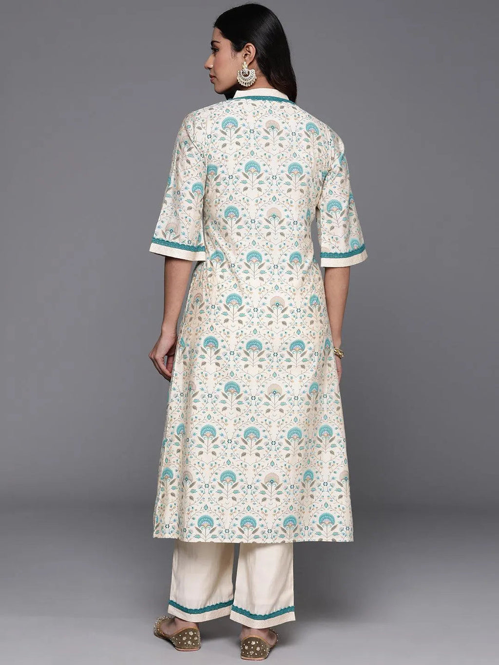 Beige Printed Chanderi Silk A-Line Kurta With Palazzos