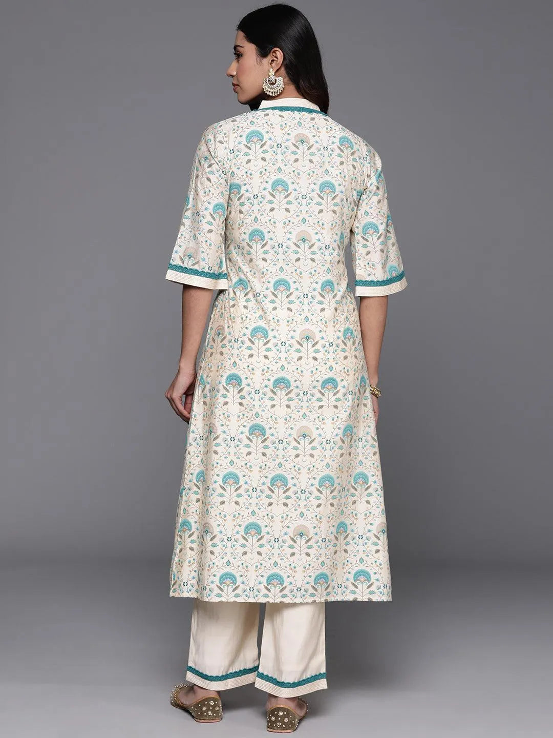 Beige Printed Chanderi Silk A-Line Kurta With Palazzos