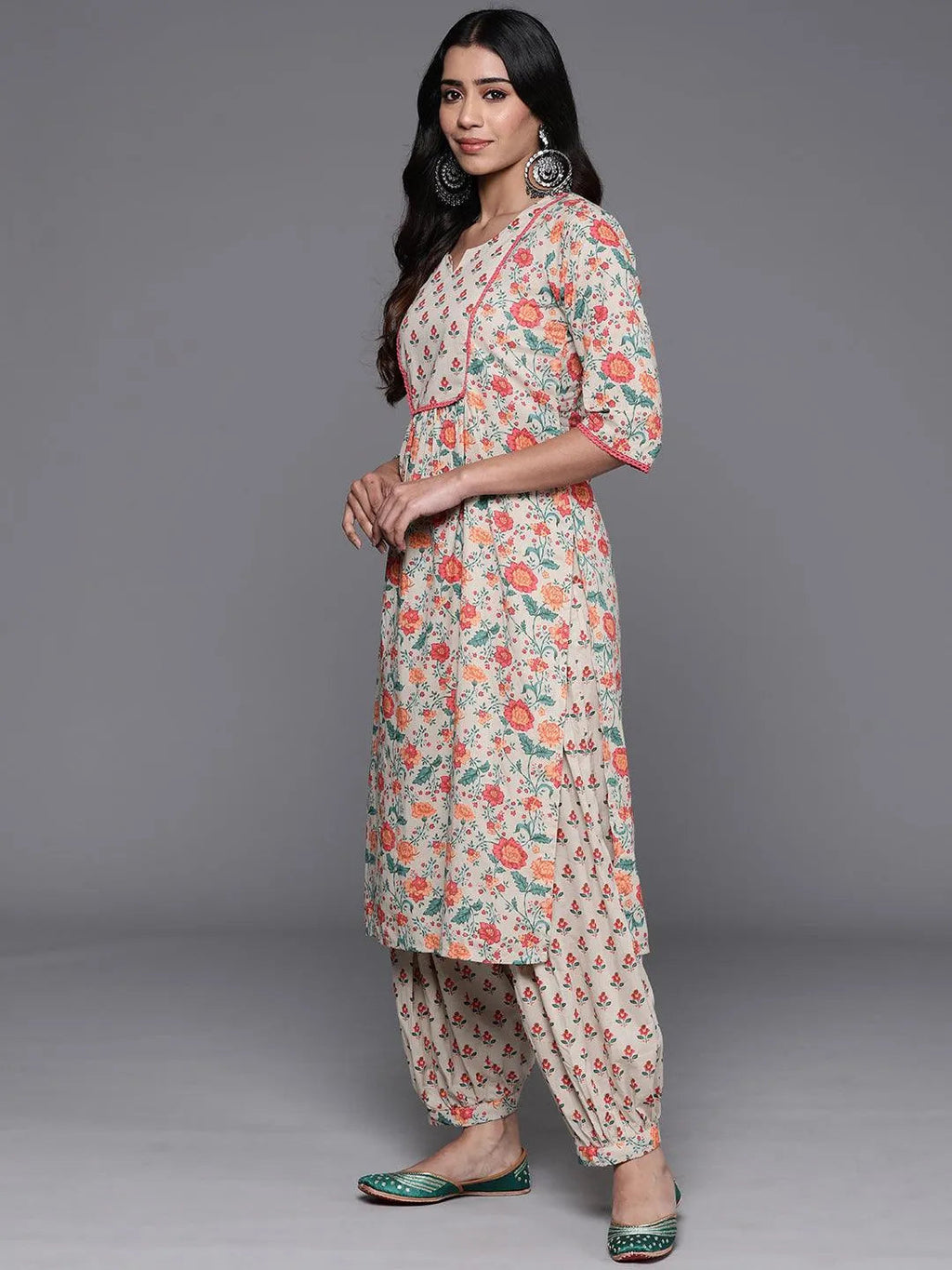 Beige Printed Cotton Straight Kurta Set